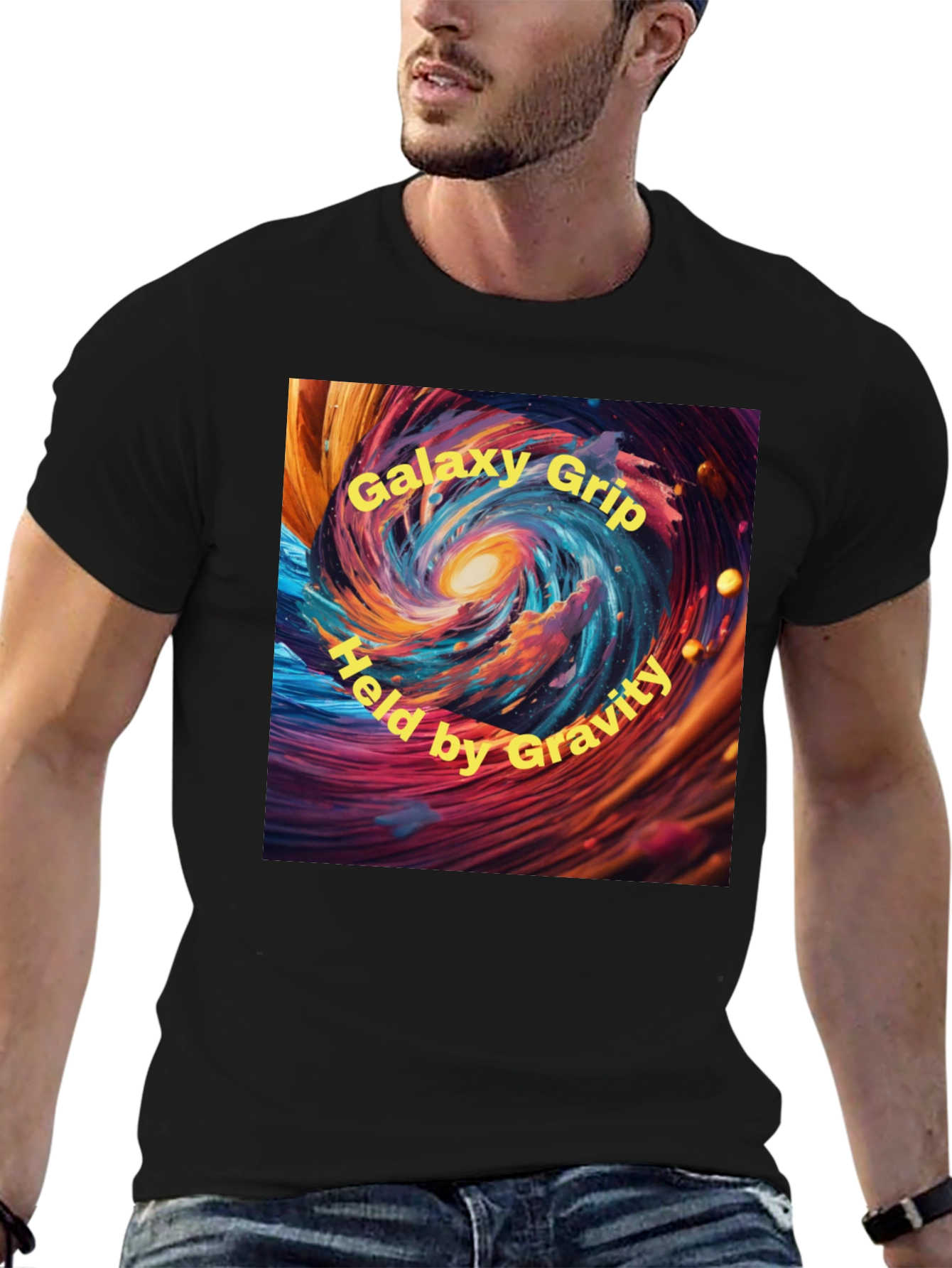 Galaxy Grip Held by Gravity Black T-Shirt
