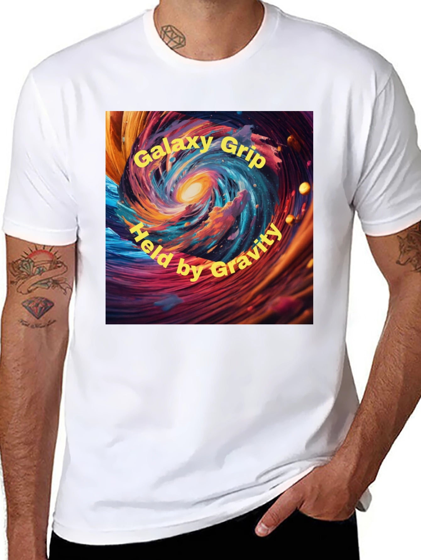 Galaxy Grip Held by Gravity Black T-Shirt