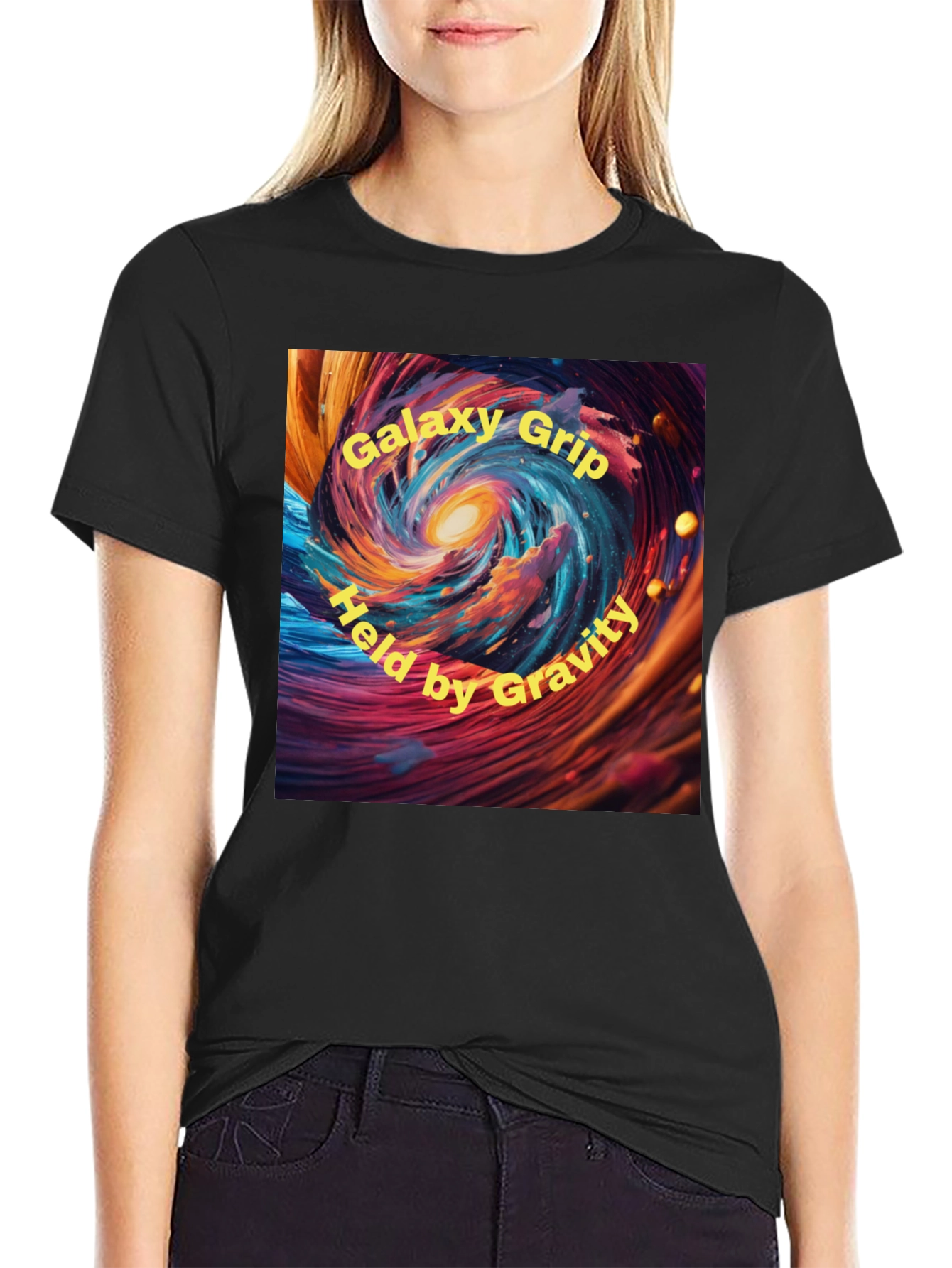 Galaxy Grip Held by Gravity Black T-Shirt