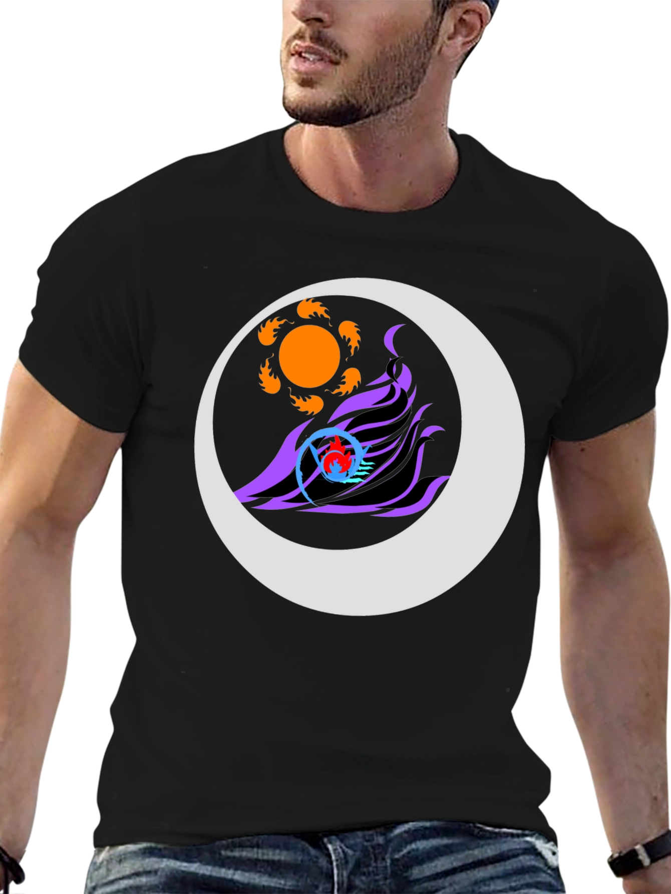 Abstract Sun & Moon Graphic Tee - Black
