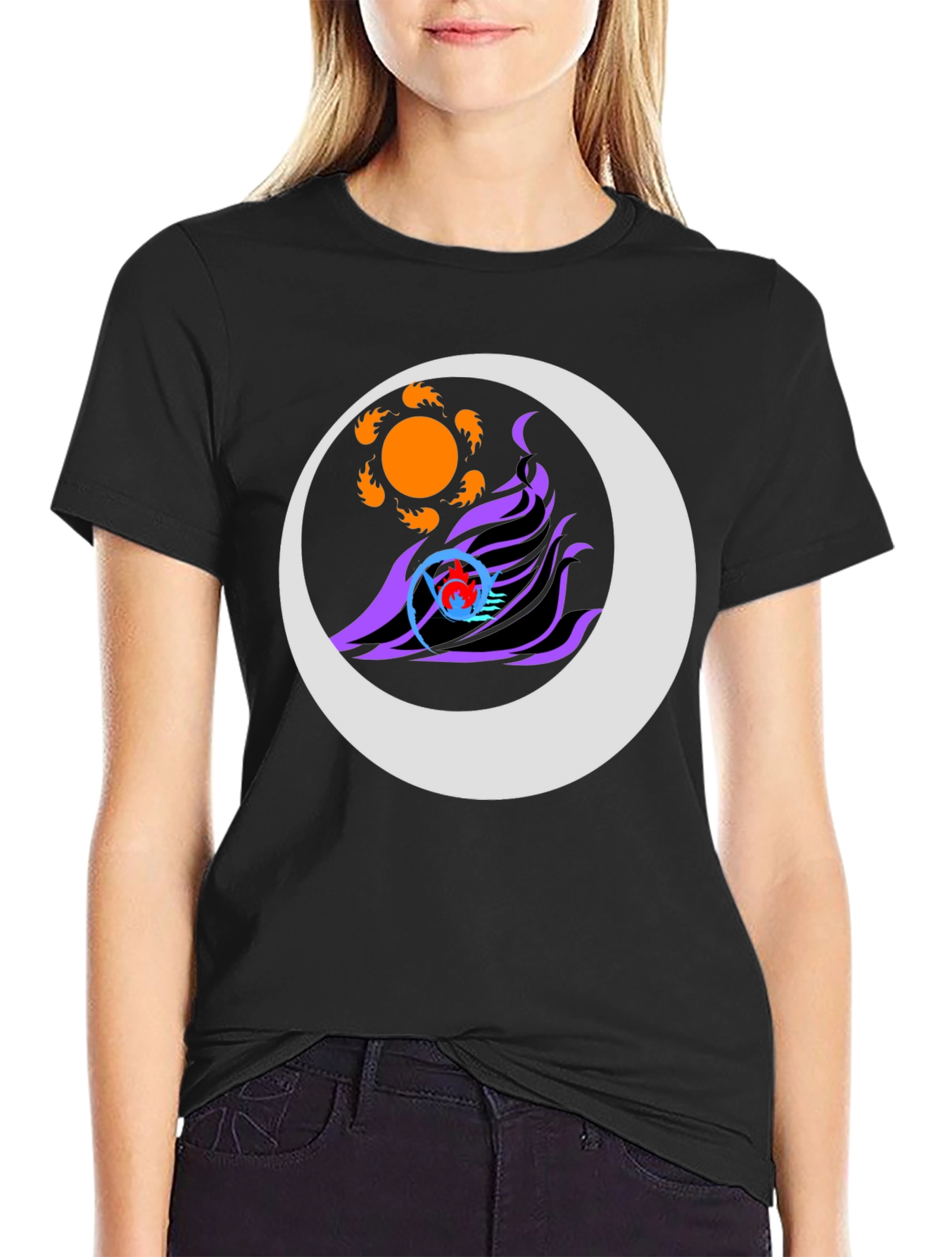 Abstract Sun & Moon Graphic Tee - Black