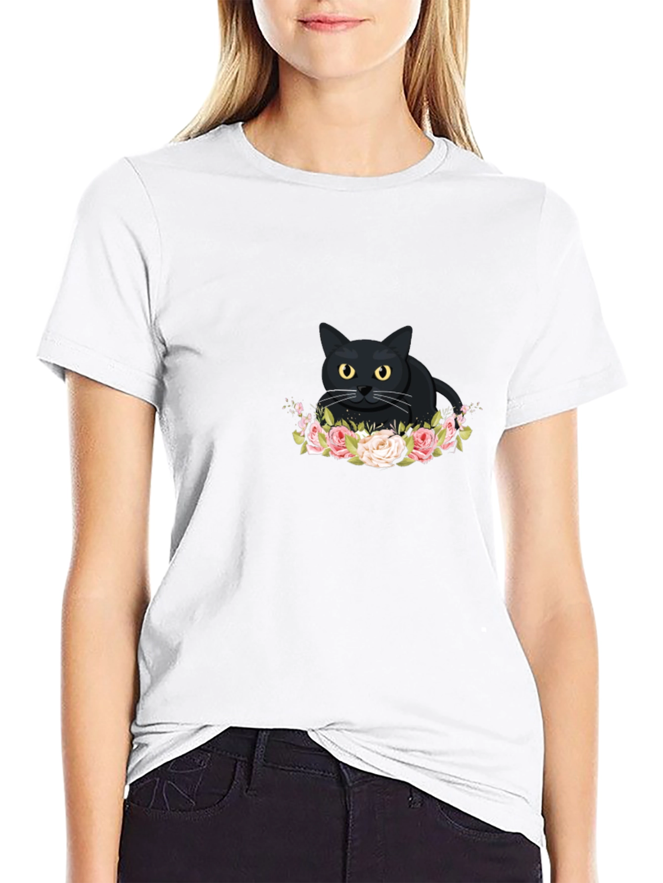 Black Cat Floral T-Shirt - Cute Graphic Tee