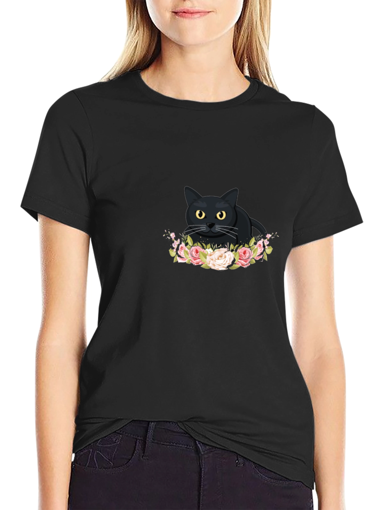 Black Cat Floral T-Shirt - Cute Graphic Tee