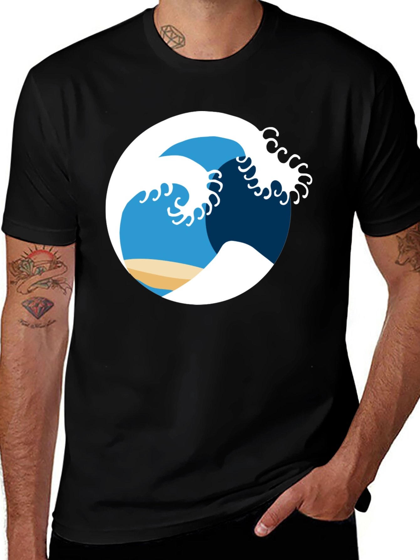 Ocean Wave Graphic Tee - Black Cotton Shirt