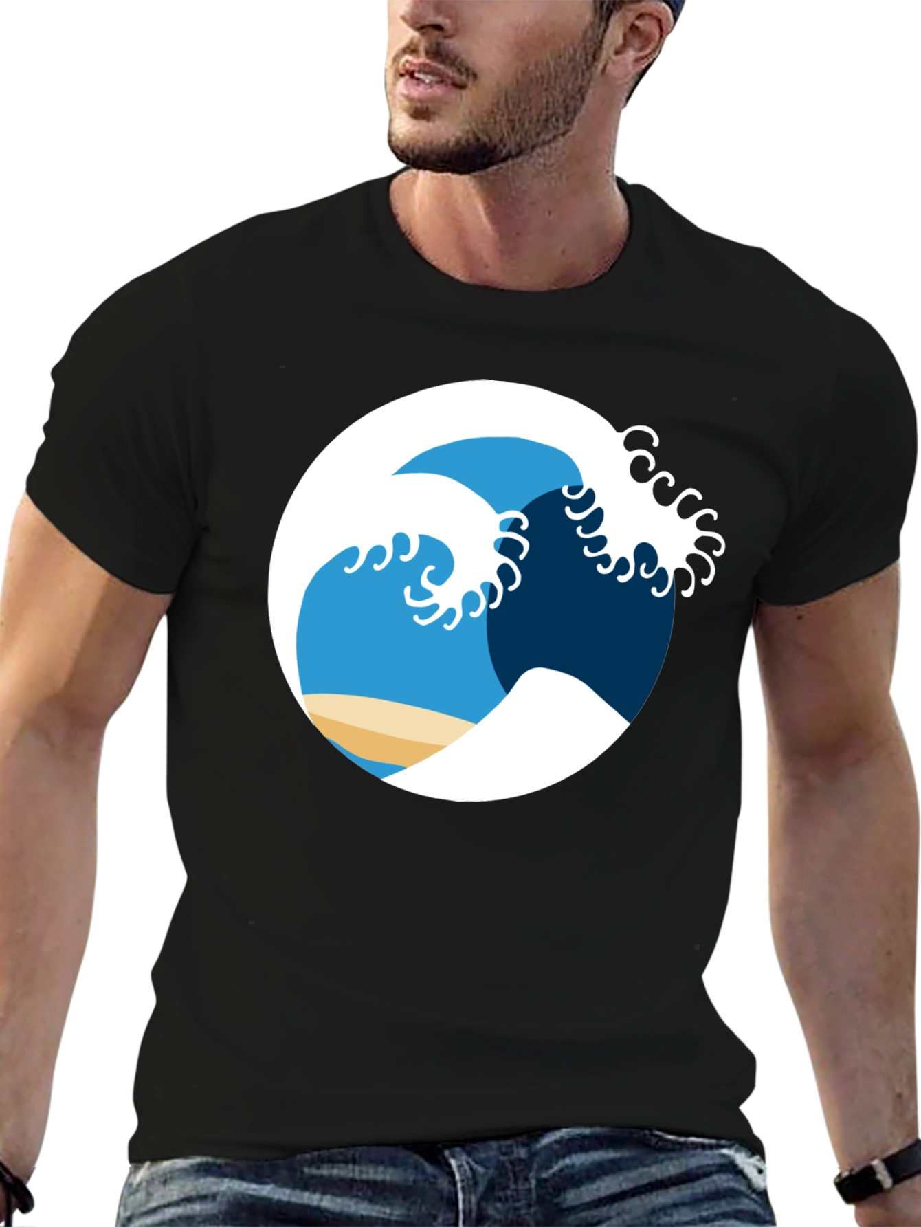 Ocean Wave Graphic Tee - Black Cotton Shirt