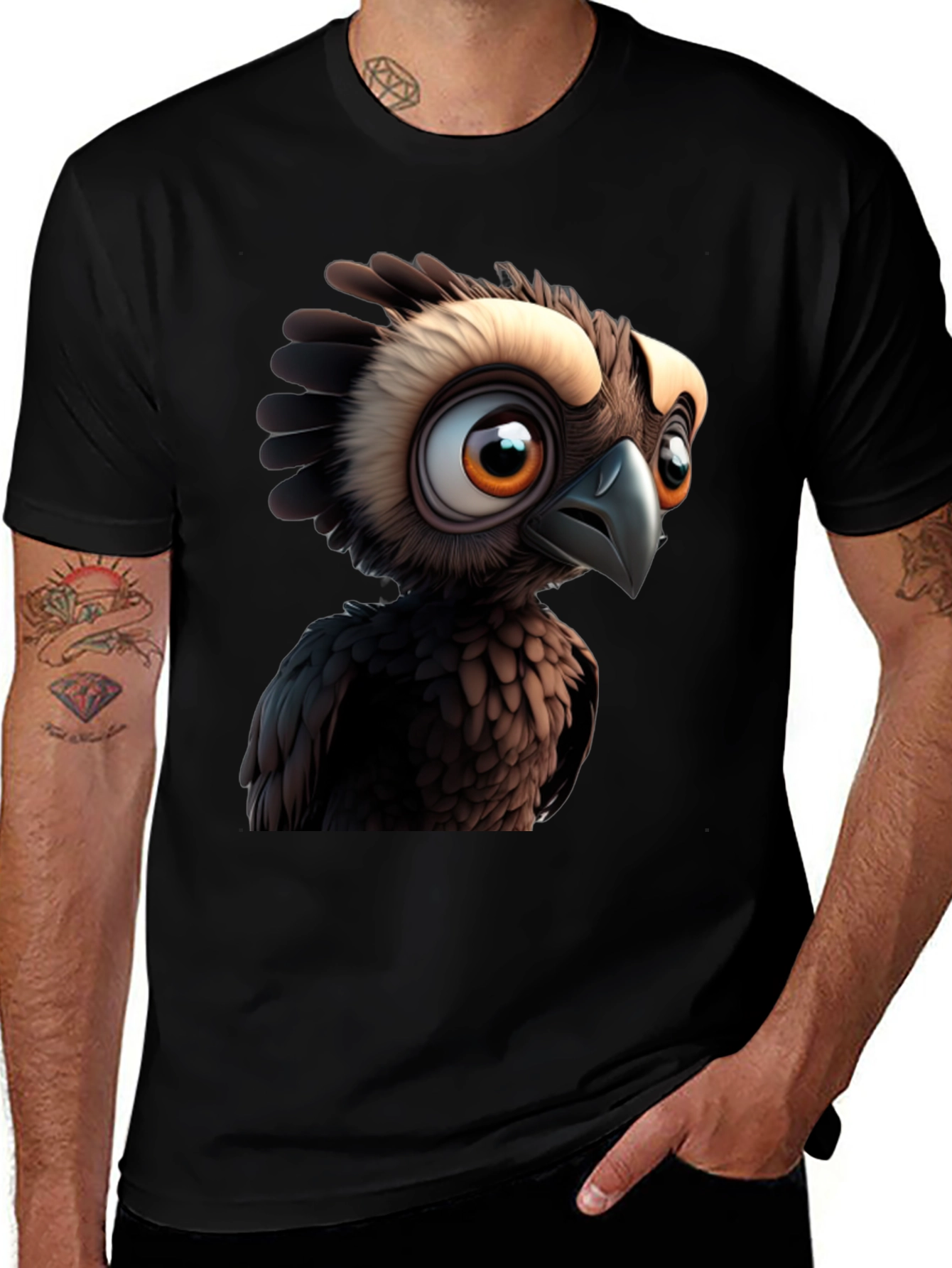 Cartoon Owl Graphic Print Black T-Shirt