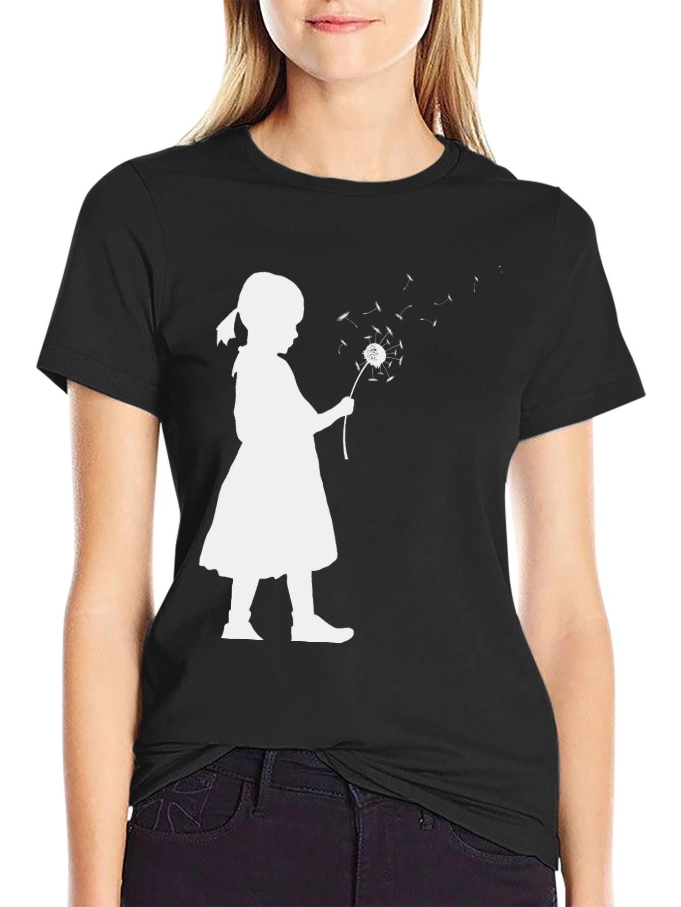 Silhouette Girl Dandelion Black T-Shirt