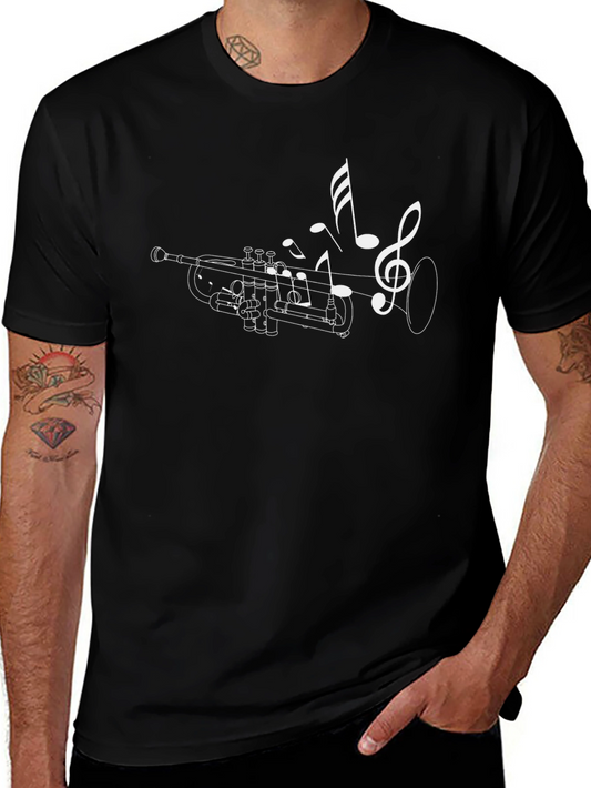 Trumpet & Music Note Graphic Tee - Black Casual Shirt