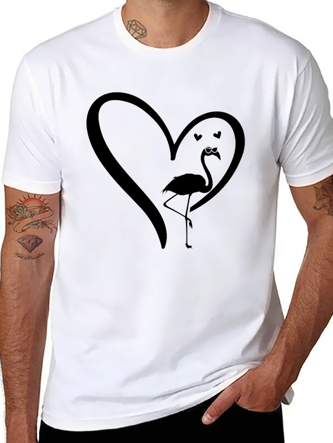 Mens Black Flamingo Heart Graphic Tee