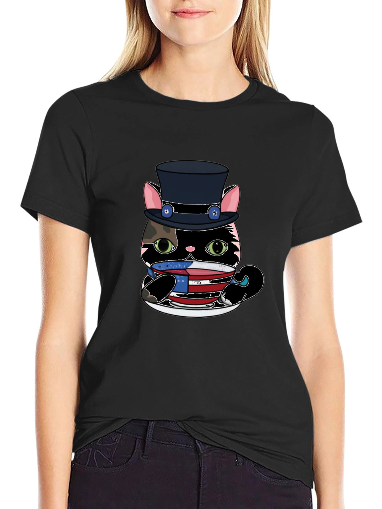Top Hat Cat T-Shirt - USA Patriotic Design