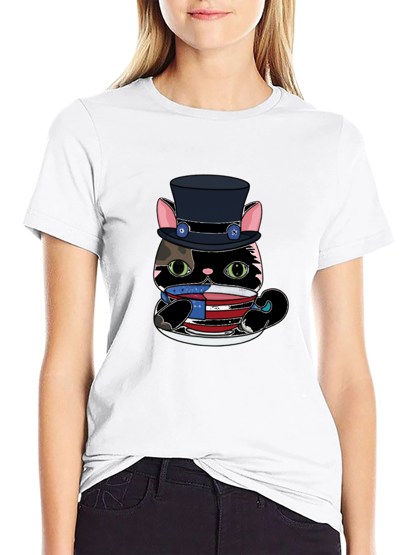 Top Hat Cat T-Shirt - USA Patriotic Design