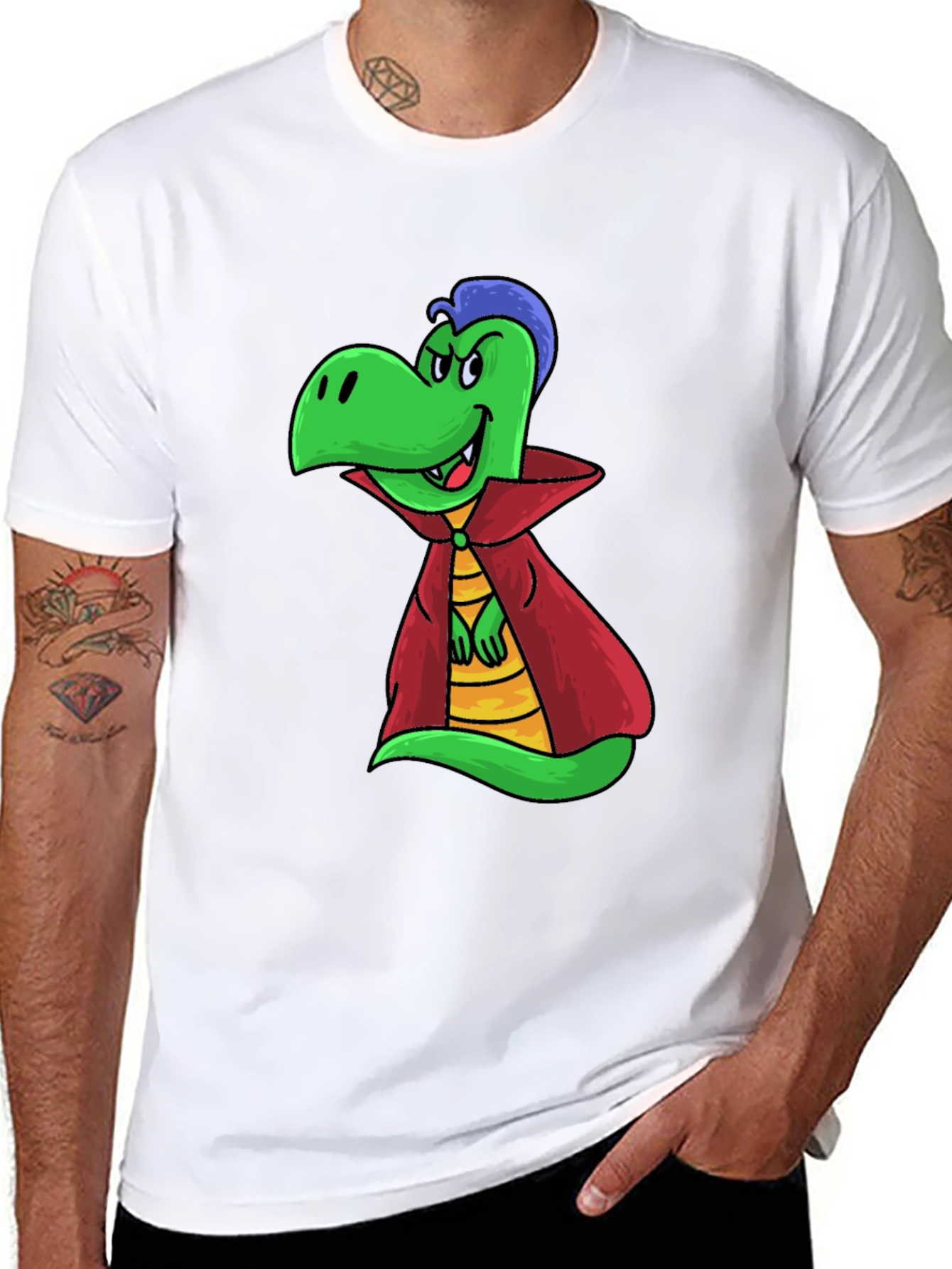 Cartoon Vampire Dinosaur Black T-Shirt