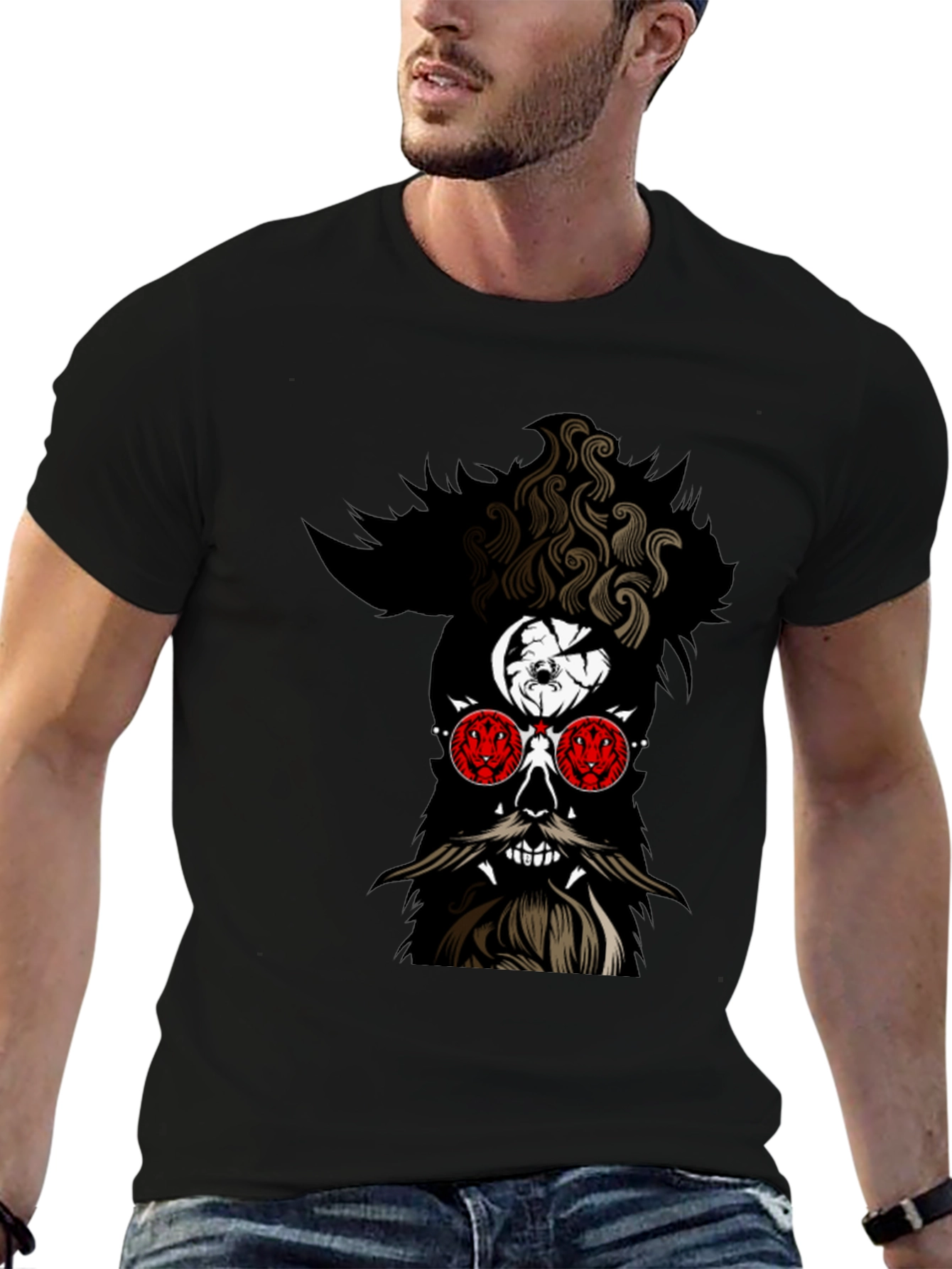 Skull with Beard Graphic Black T-Shirt