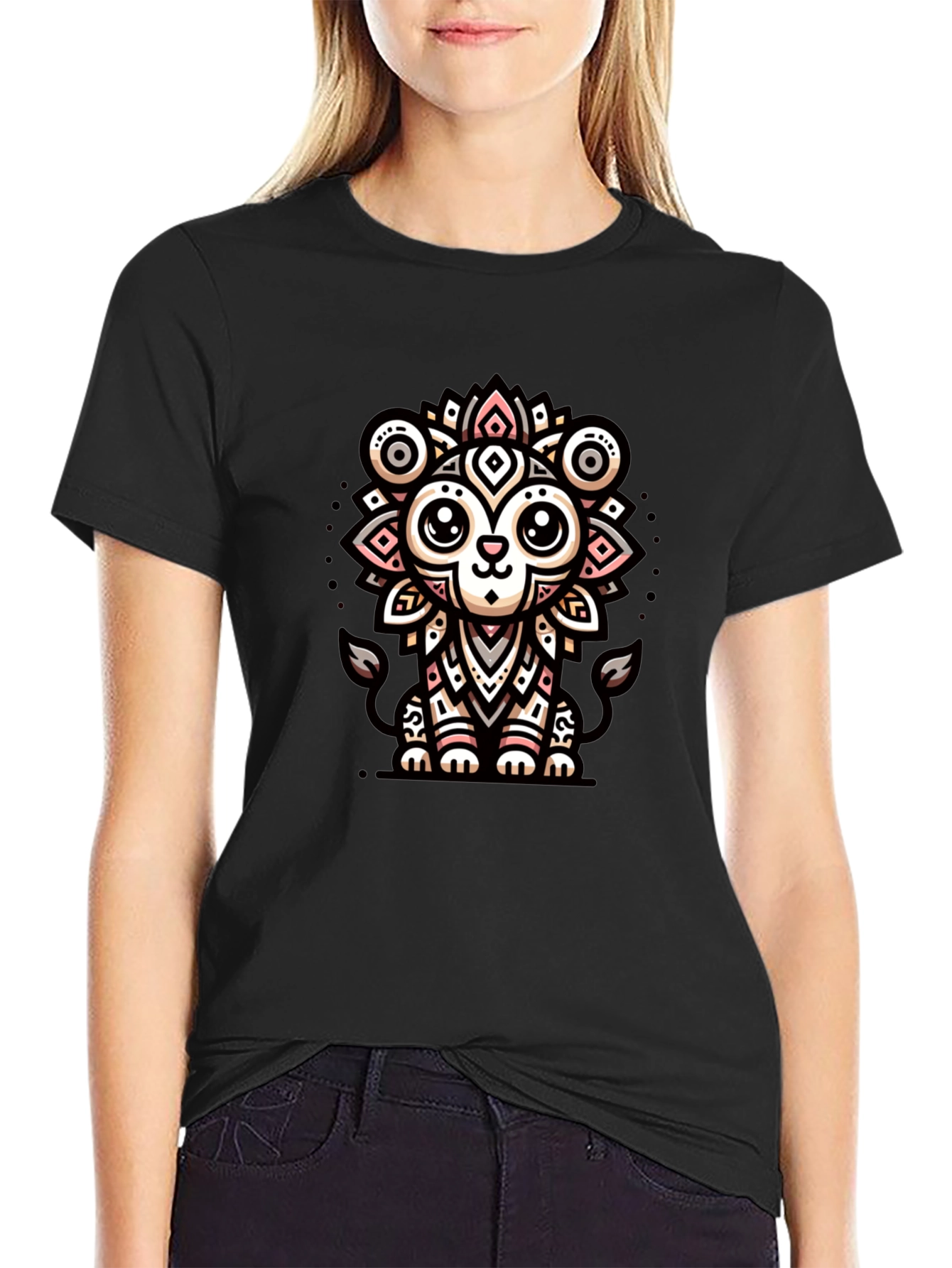 Cute Cartoon Lion Graphic Tee - Black Unisex Shirt