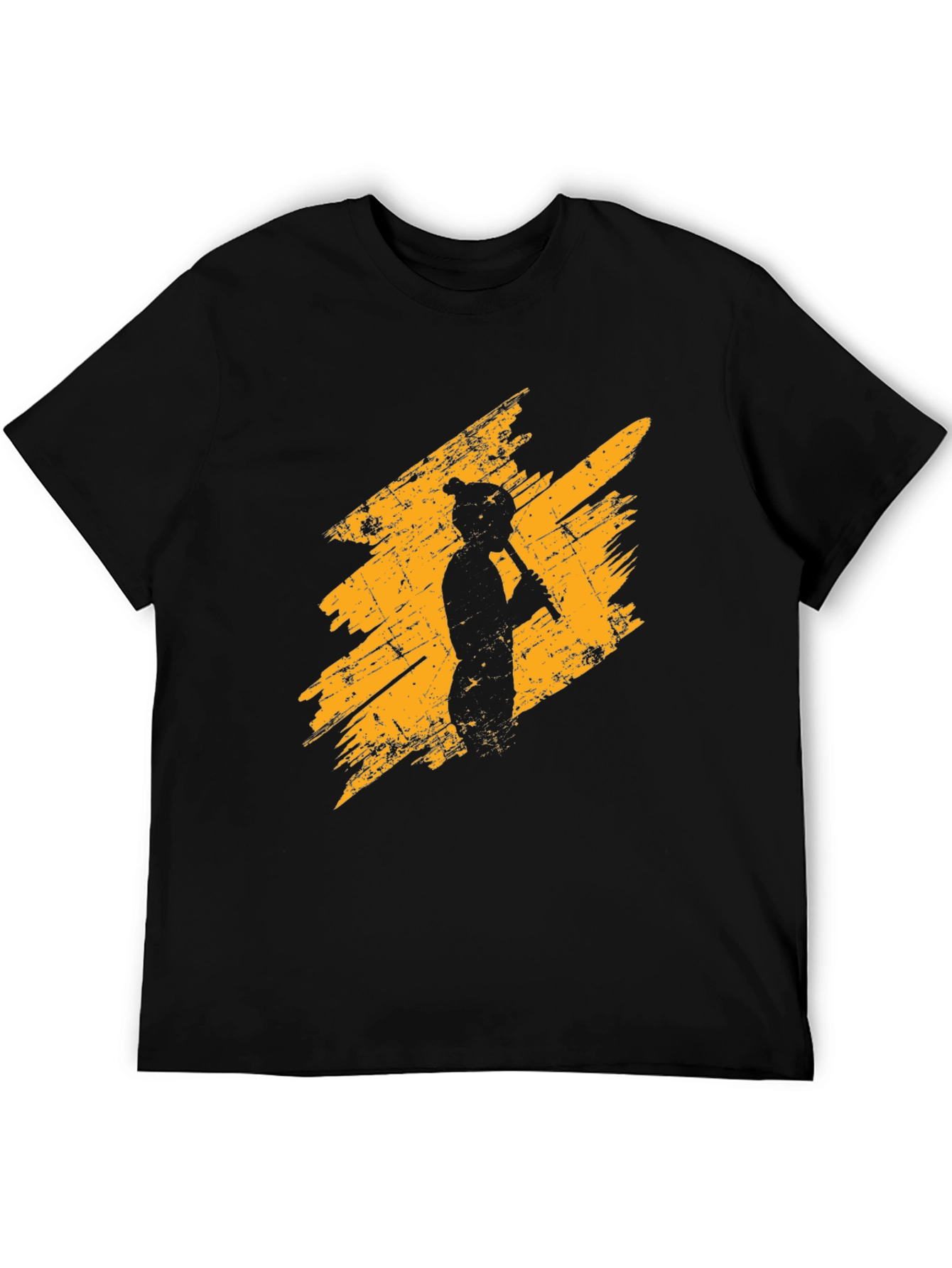 Flute Player Graphic Tee - Distressed Style Black T-Shirt