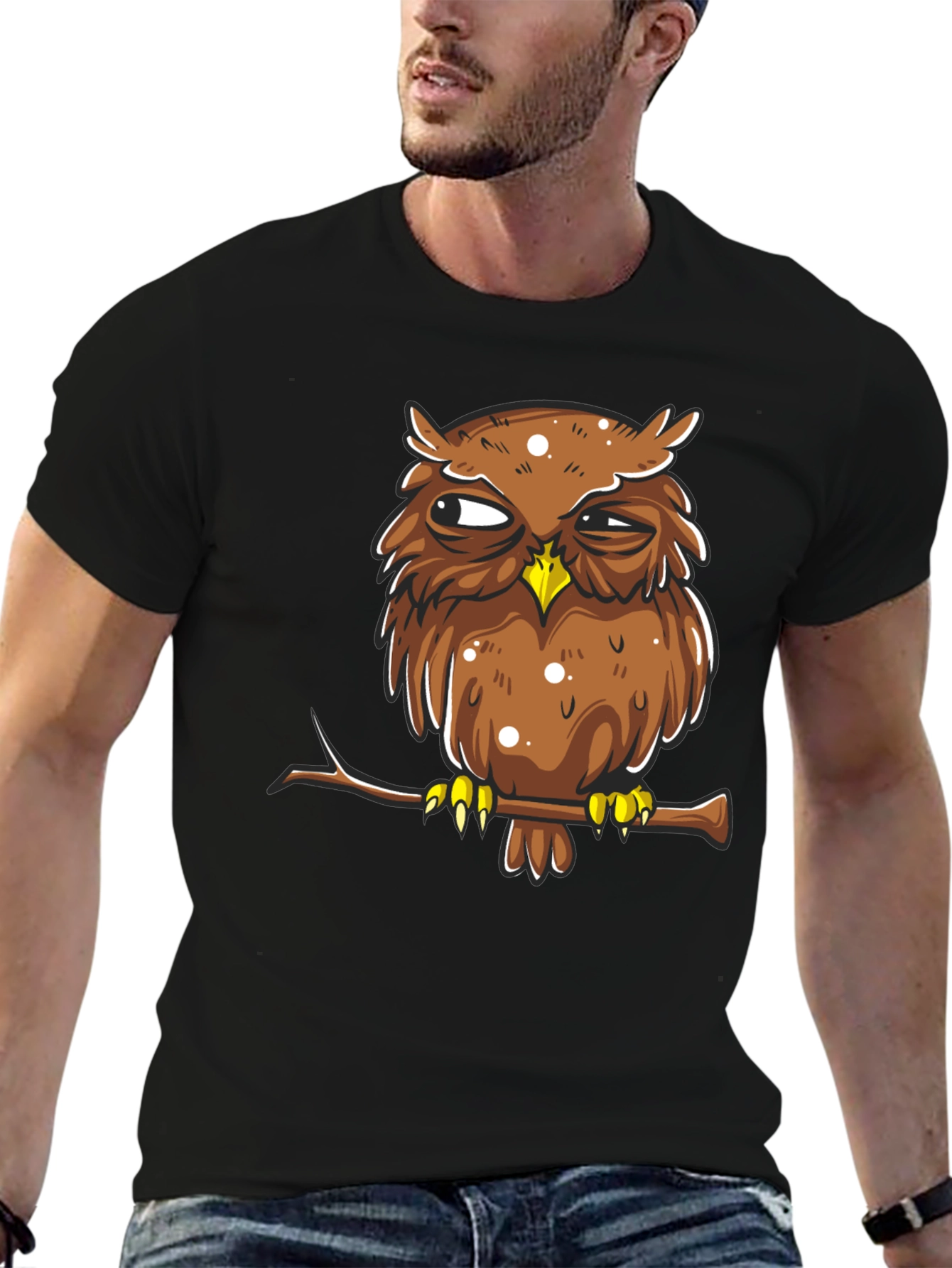 Grumpy Owl Graphic Tee - Mens Black Cotton T-Shirt