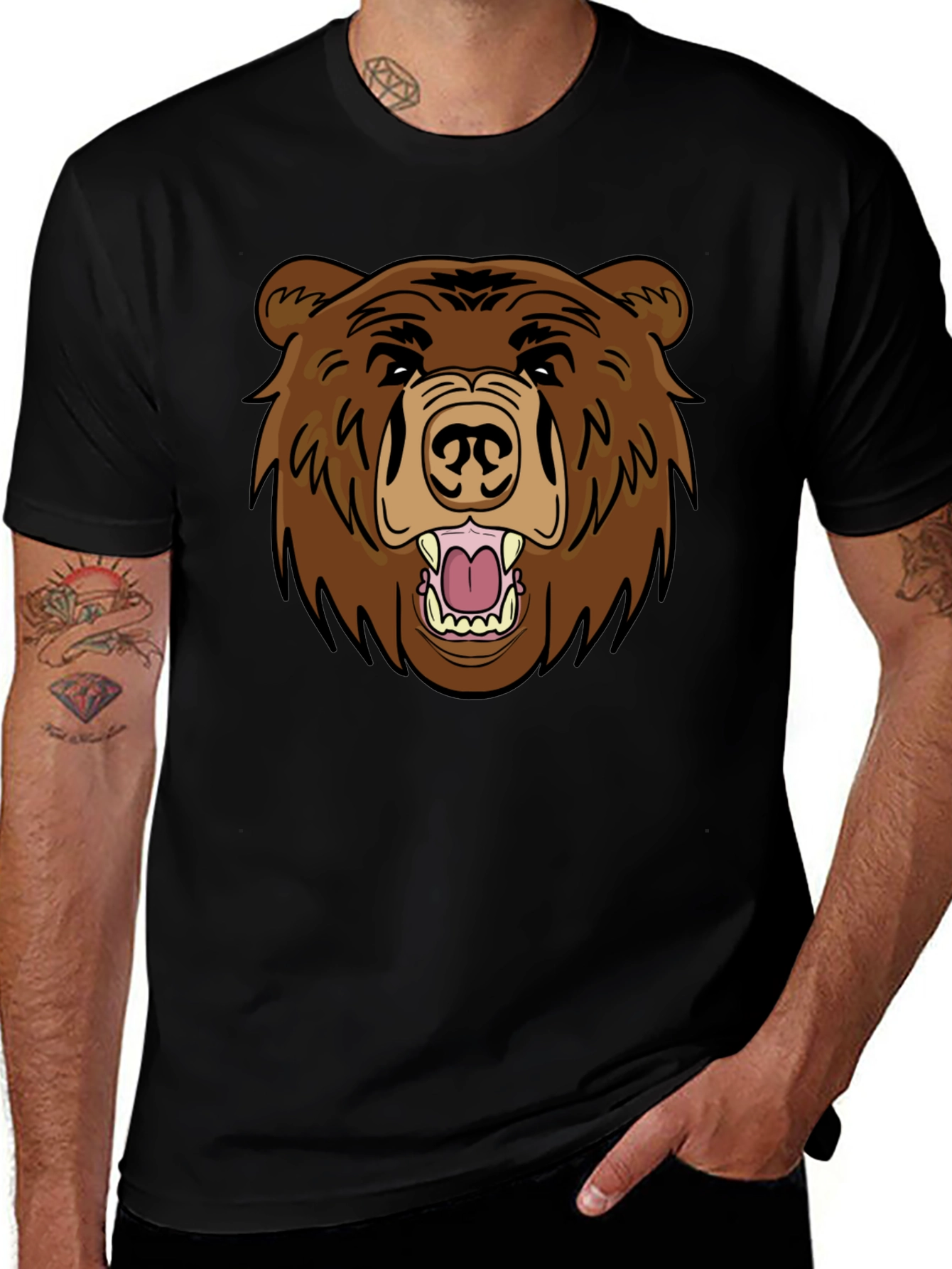 Mens Black T-Shirt with Brown Bear Graphic