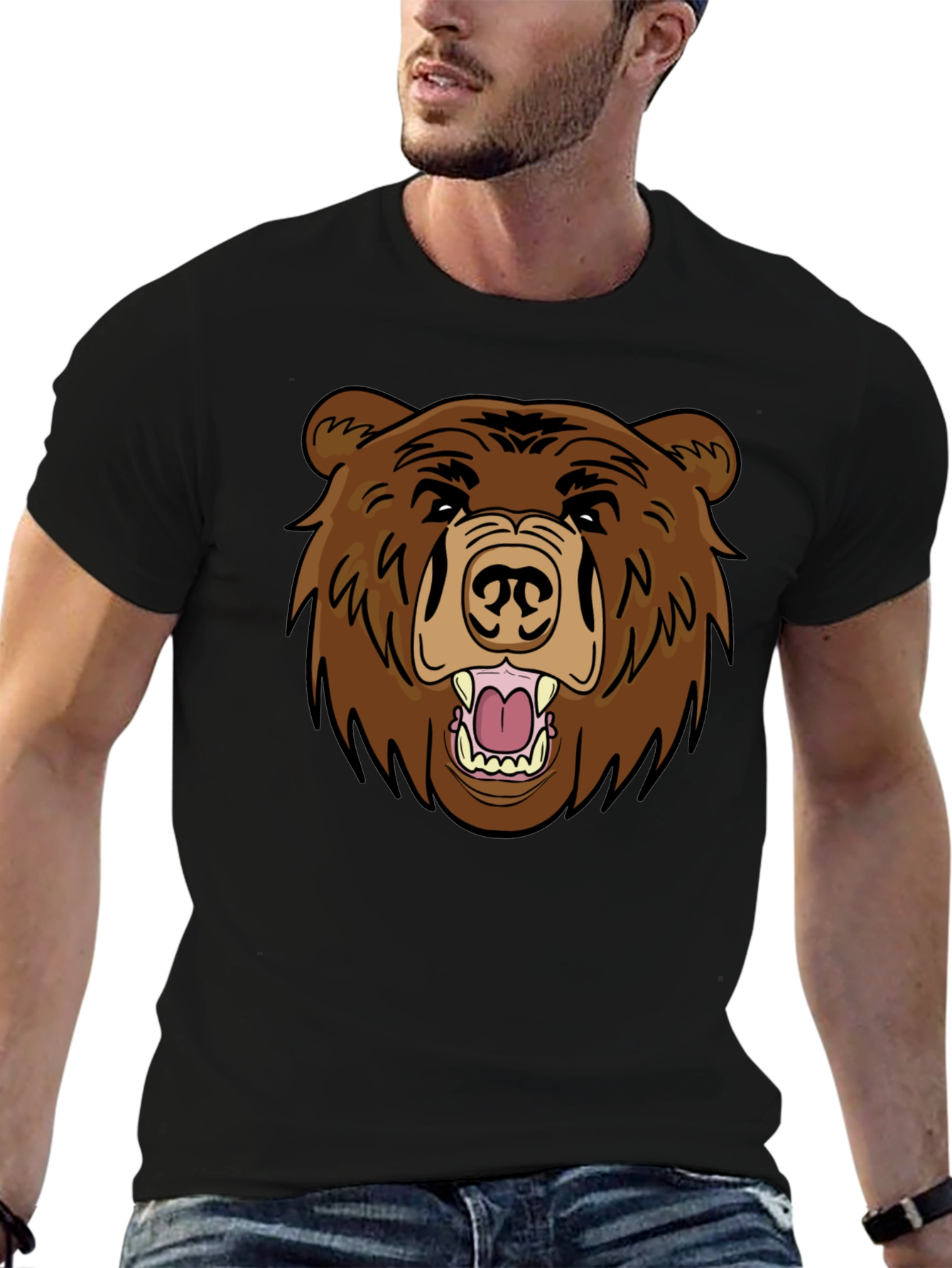 Mens Black T-Shirt with Brown Bear Graphic