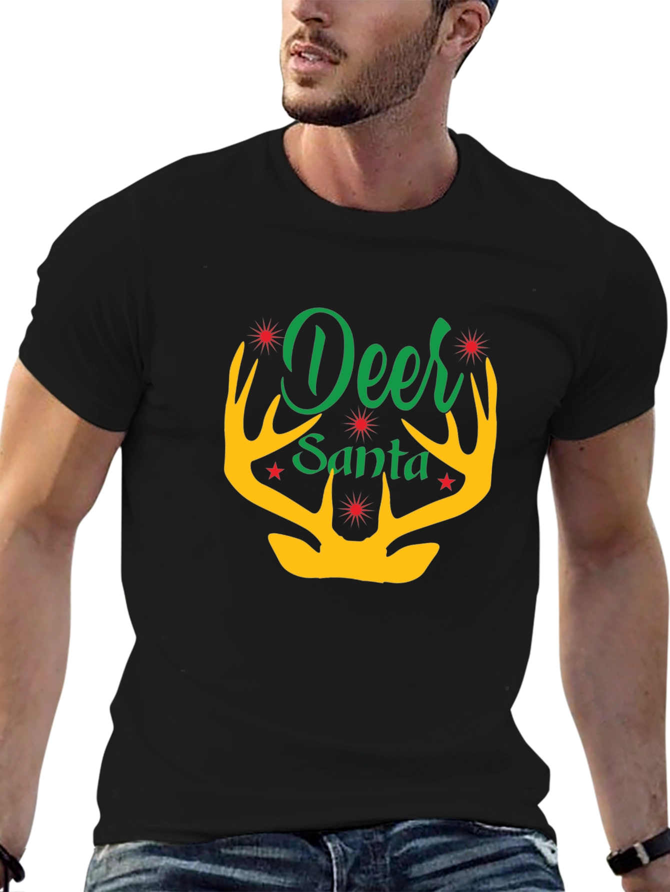 Deer Santa Graphic Tee - Holiday Festive Apparel