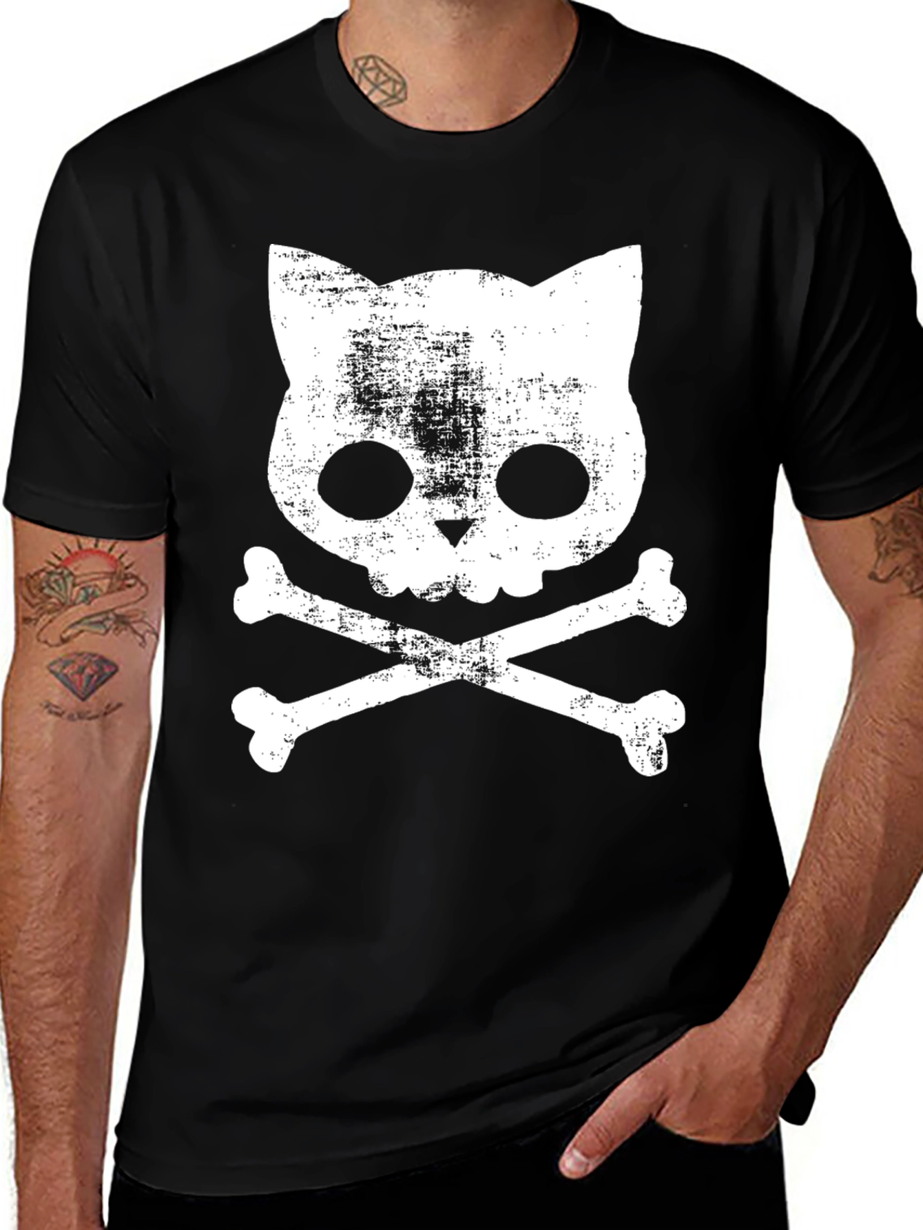 Cat Skull and Crossbones T-Shirt - Grunge Style