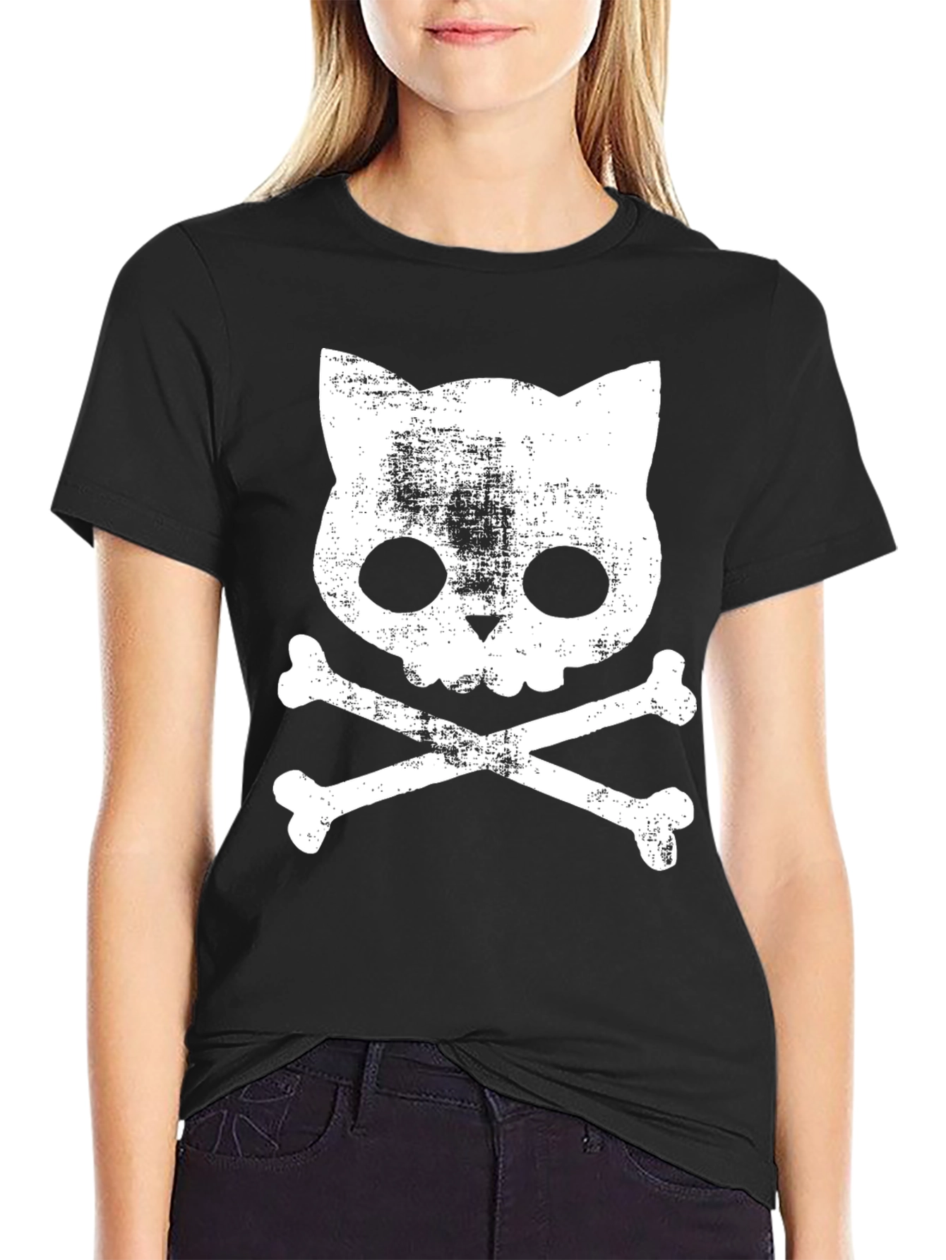 Cat Skull and Crossbones T-Shirt - Grunge Style