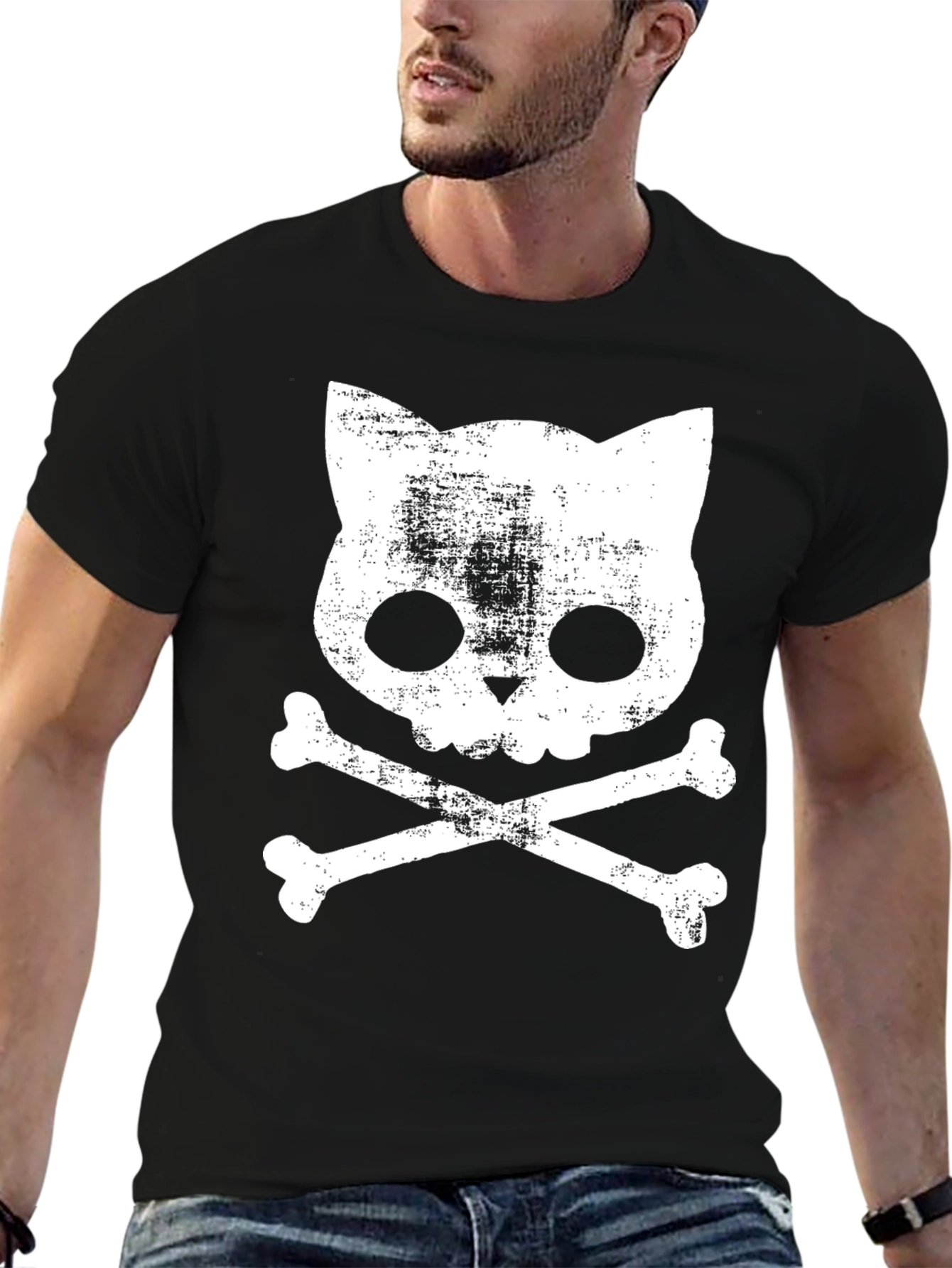 Cat Skull and Crossbones T-Shirt - Grunge Style