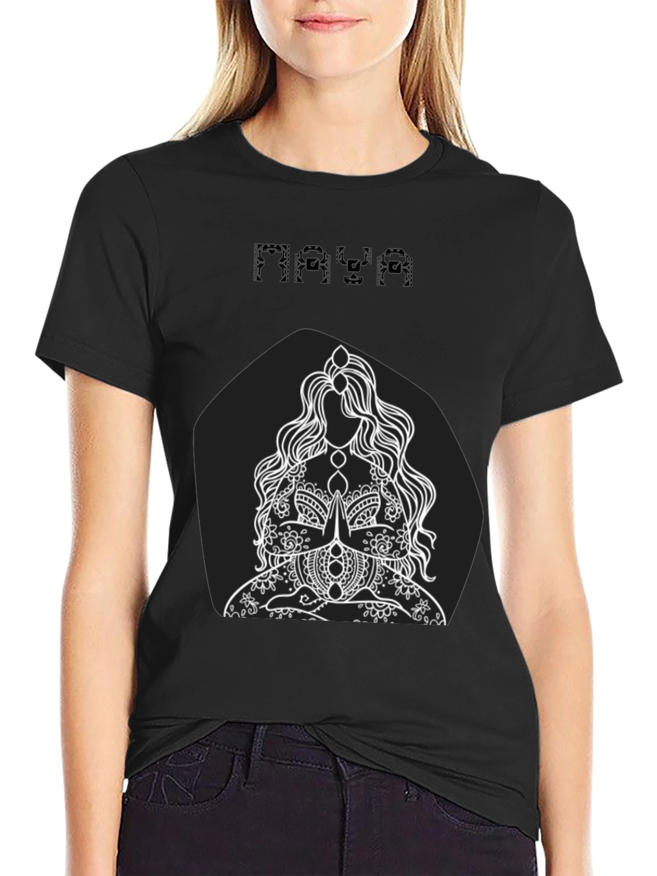 Maya Black T-Shirt with Meditating Woman Graphic