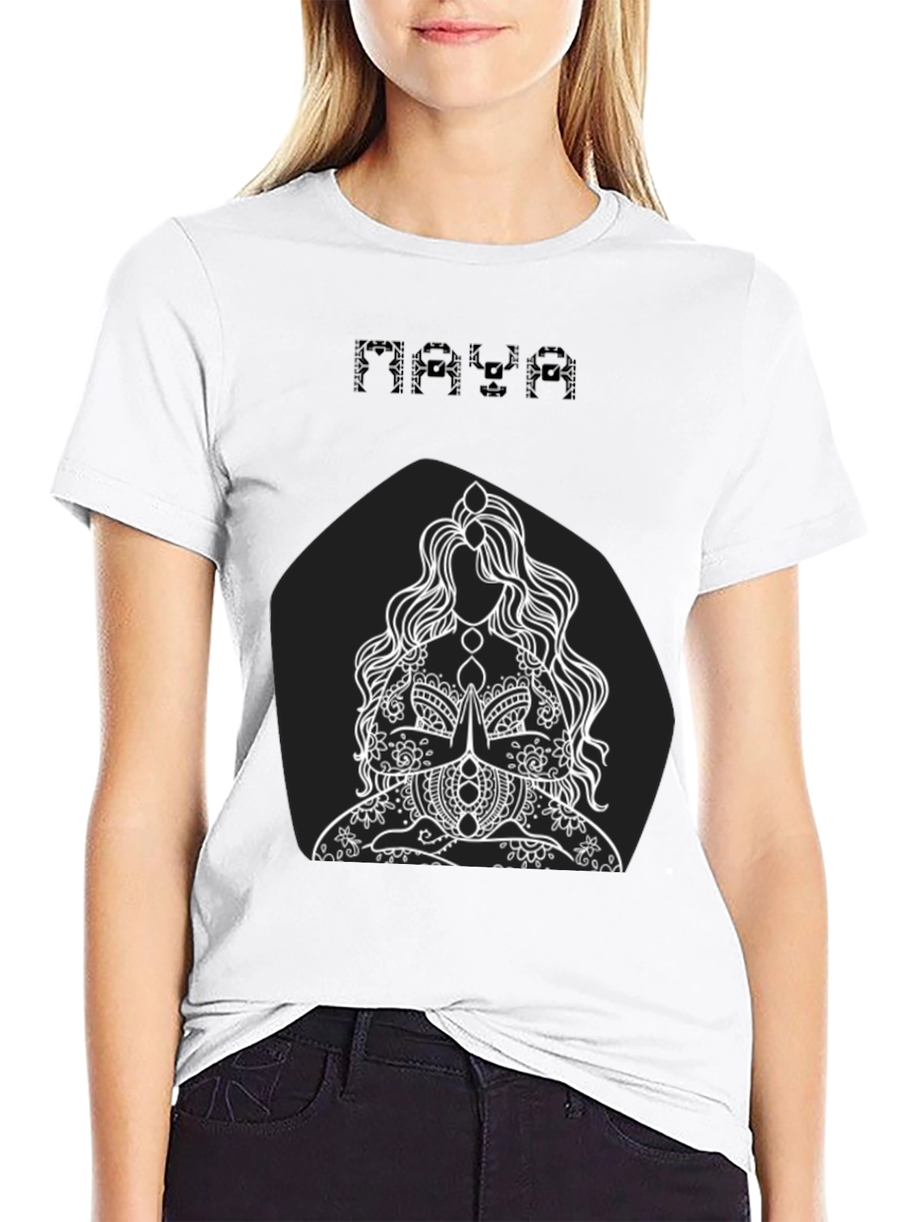 Maya Black T-Shirt with Meditating Woman Graphic