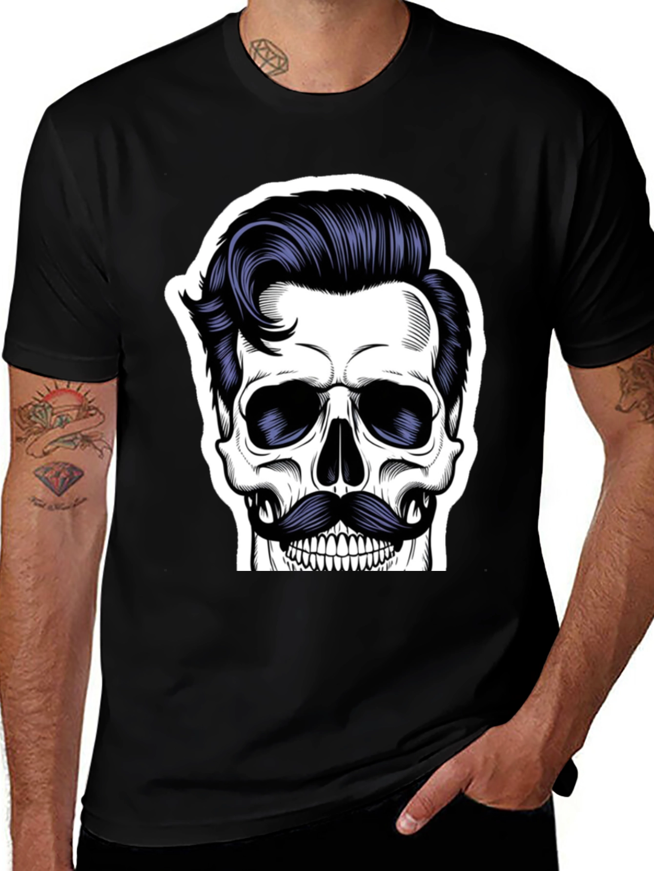 Skull with Mustache Black T-Shirt