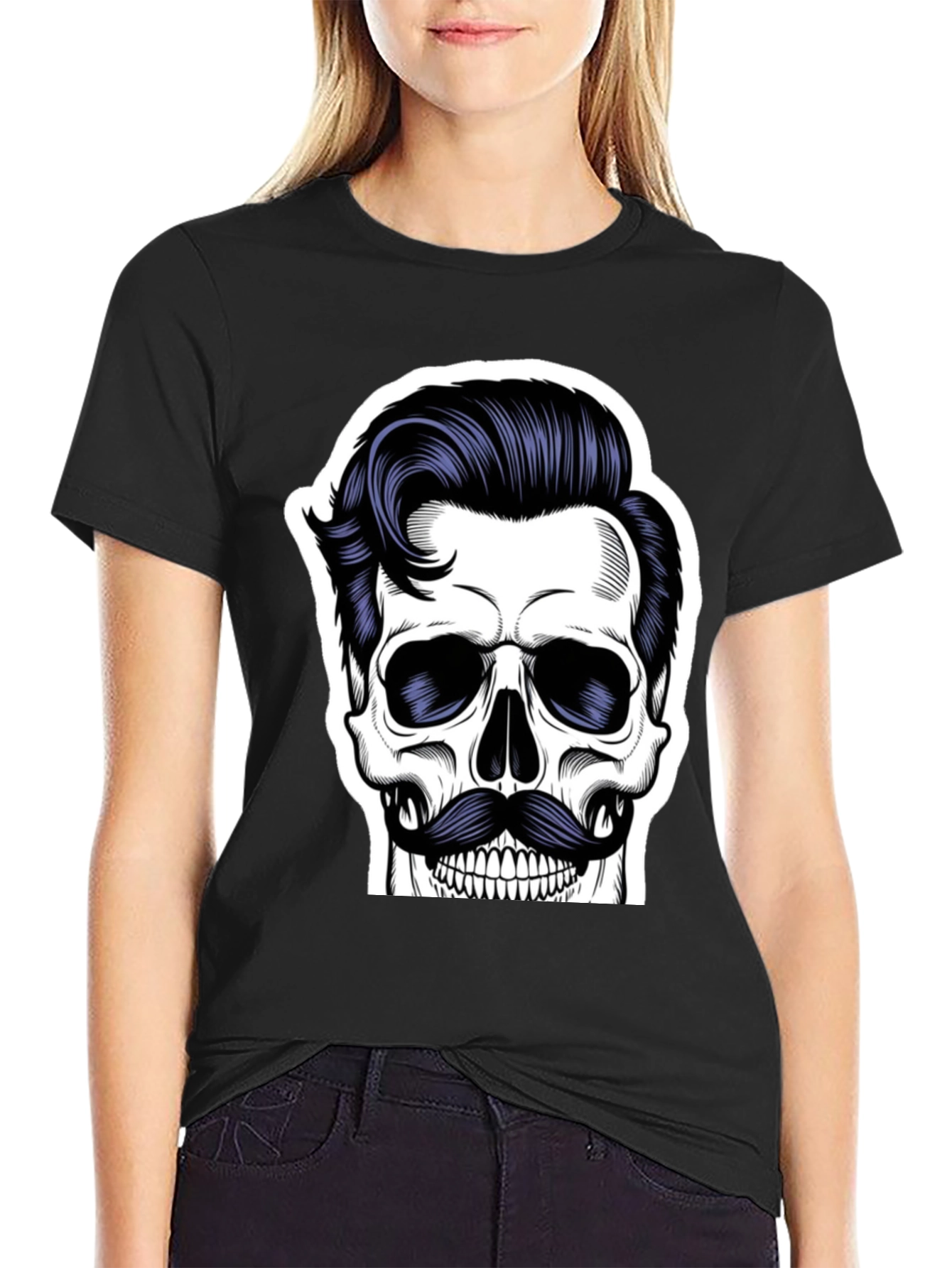 Skull with Mustache Black T-Shirt