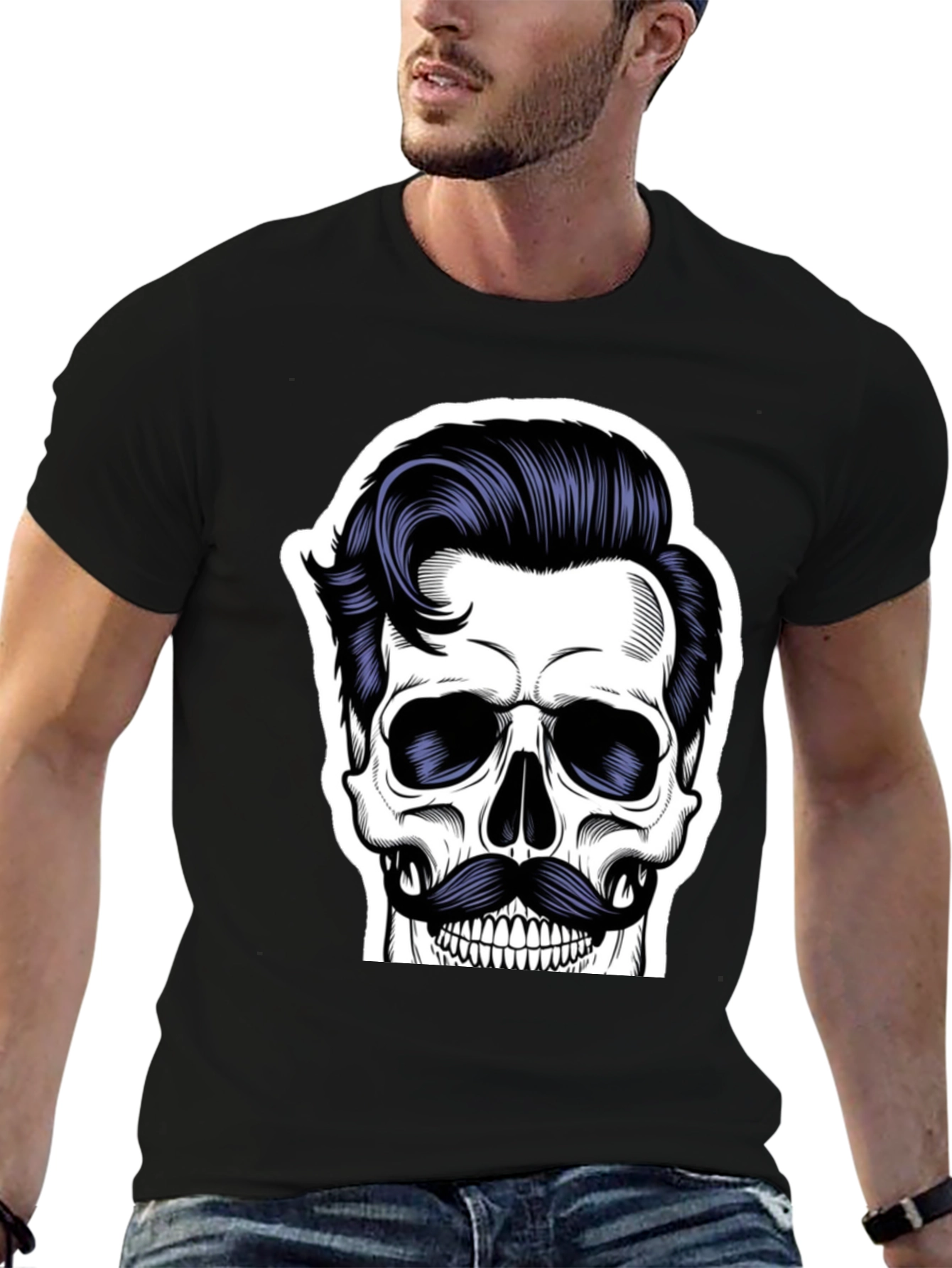 Skull with Mustache Black T-Shirt