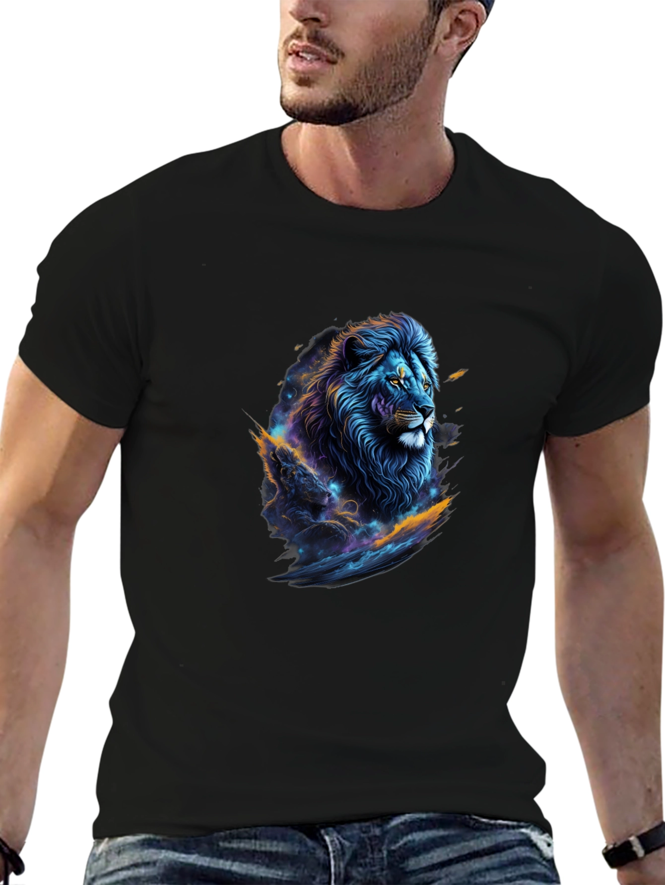 Cosmic Lion Graphic Tee - Black Crew Neck