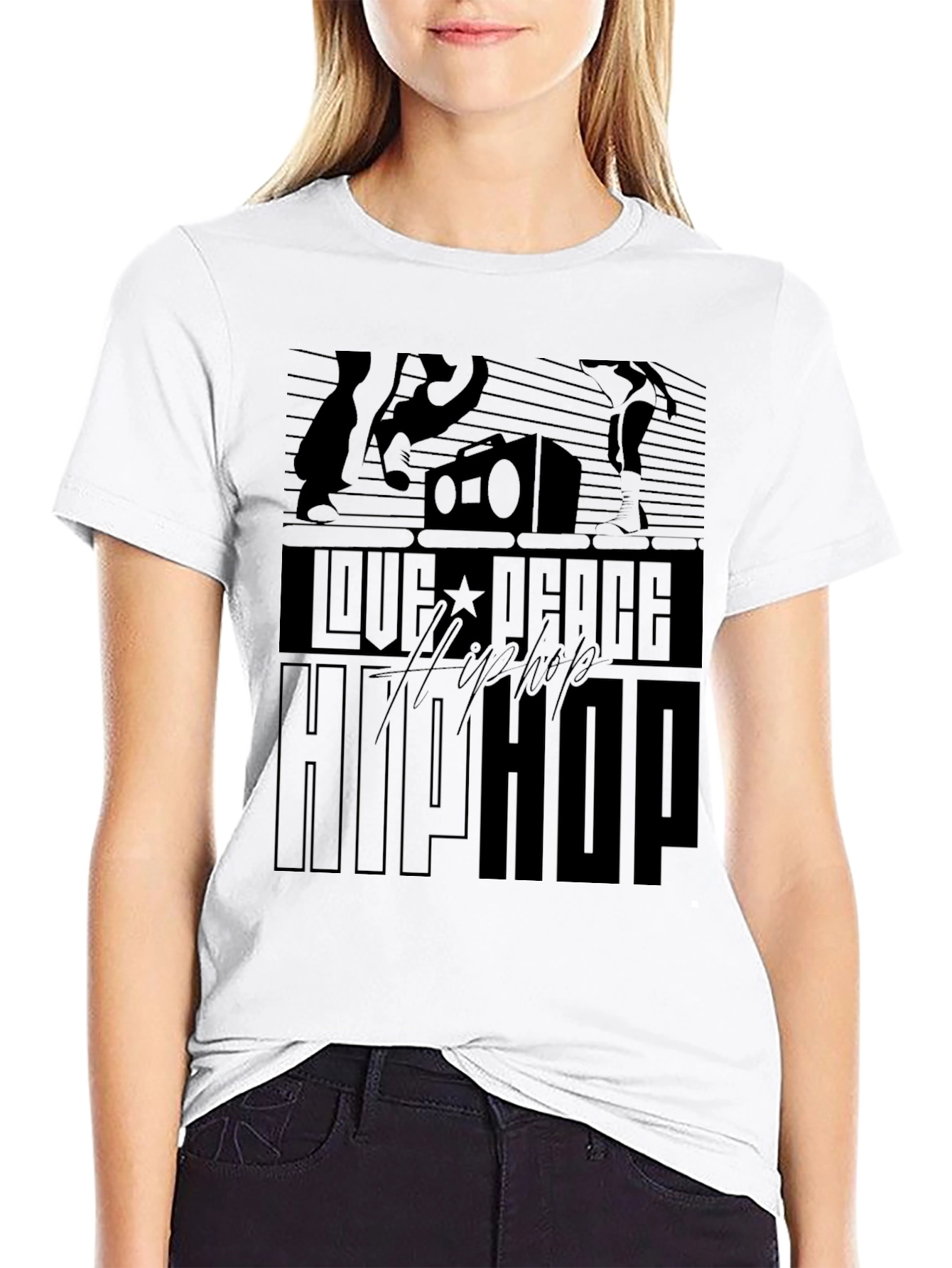 Love Peace Hip Hop Black Graphic T-Shirt