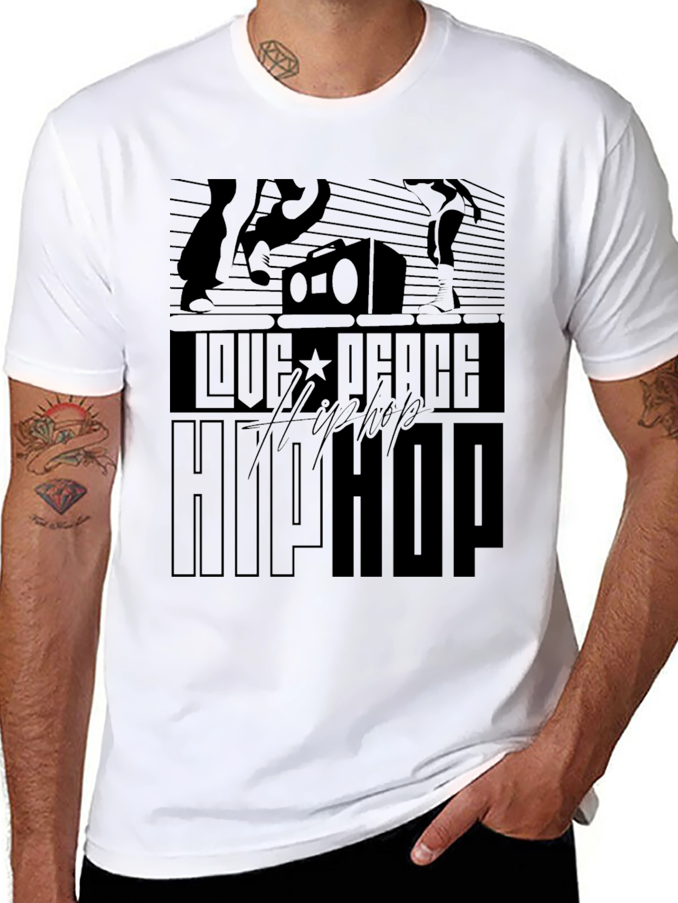 Love Peace Hip Hop Black Graphic T-Shirt
