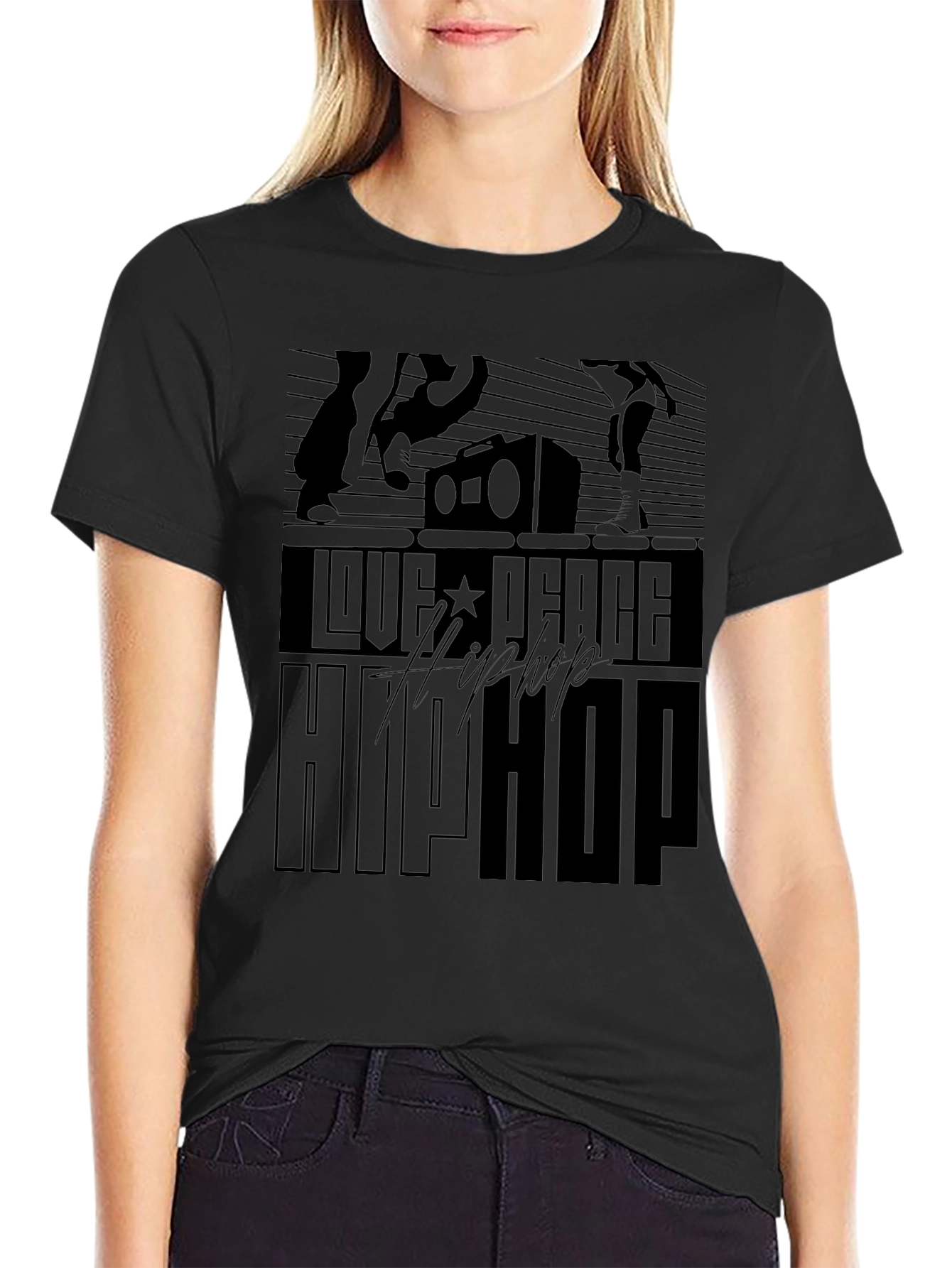 Love Peace Hip Hop Black Graphic T-Shirt