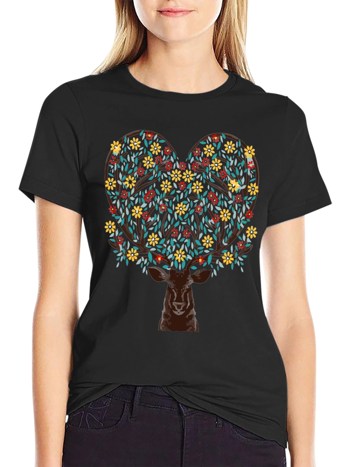 Deer Heart Tree Graphic Black T-Shirt
