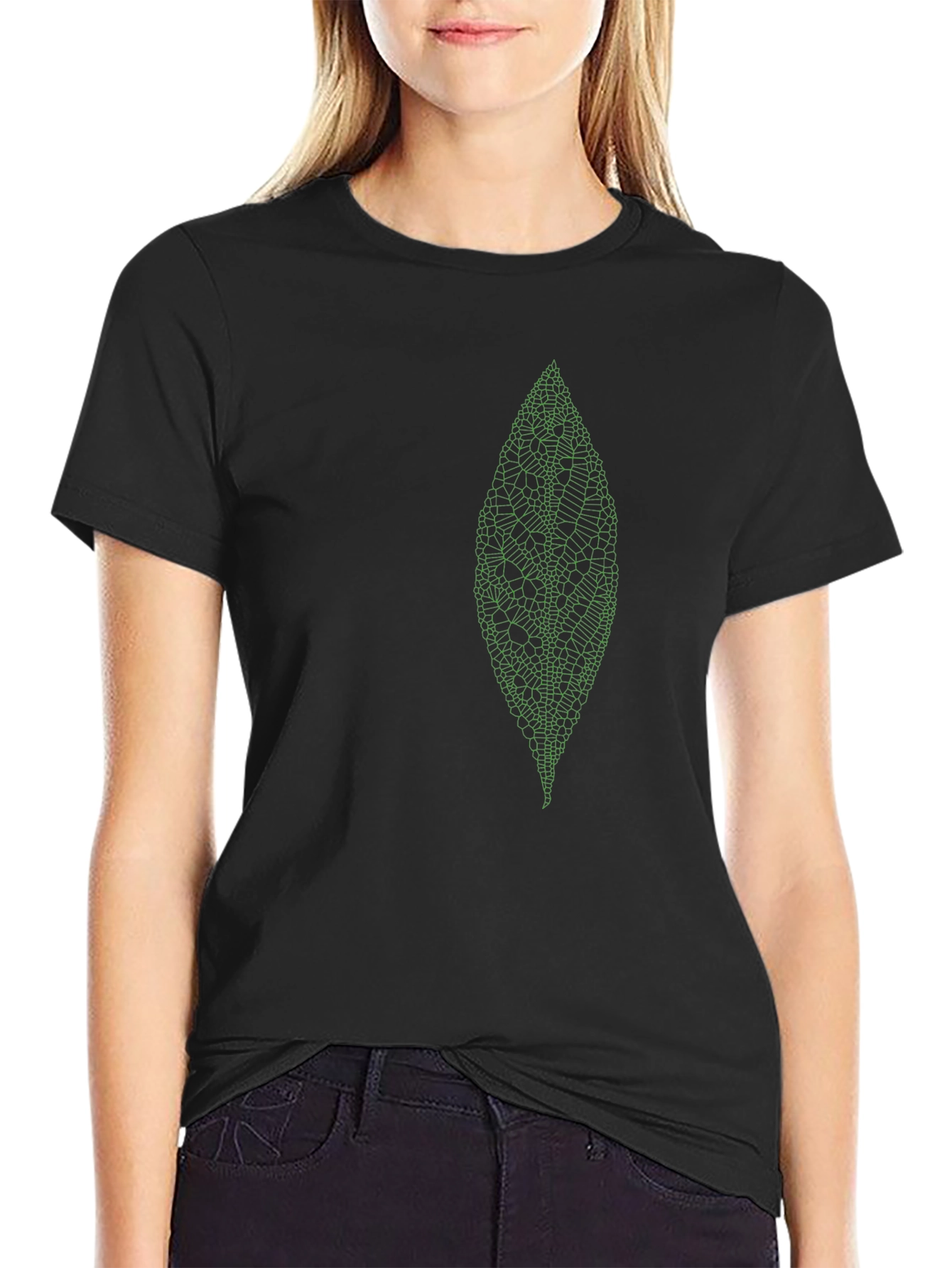 Mens Black T-Shirt with Green Leaf Design
