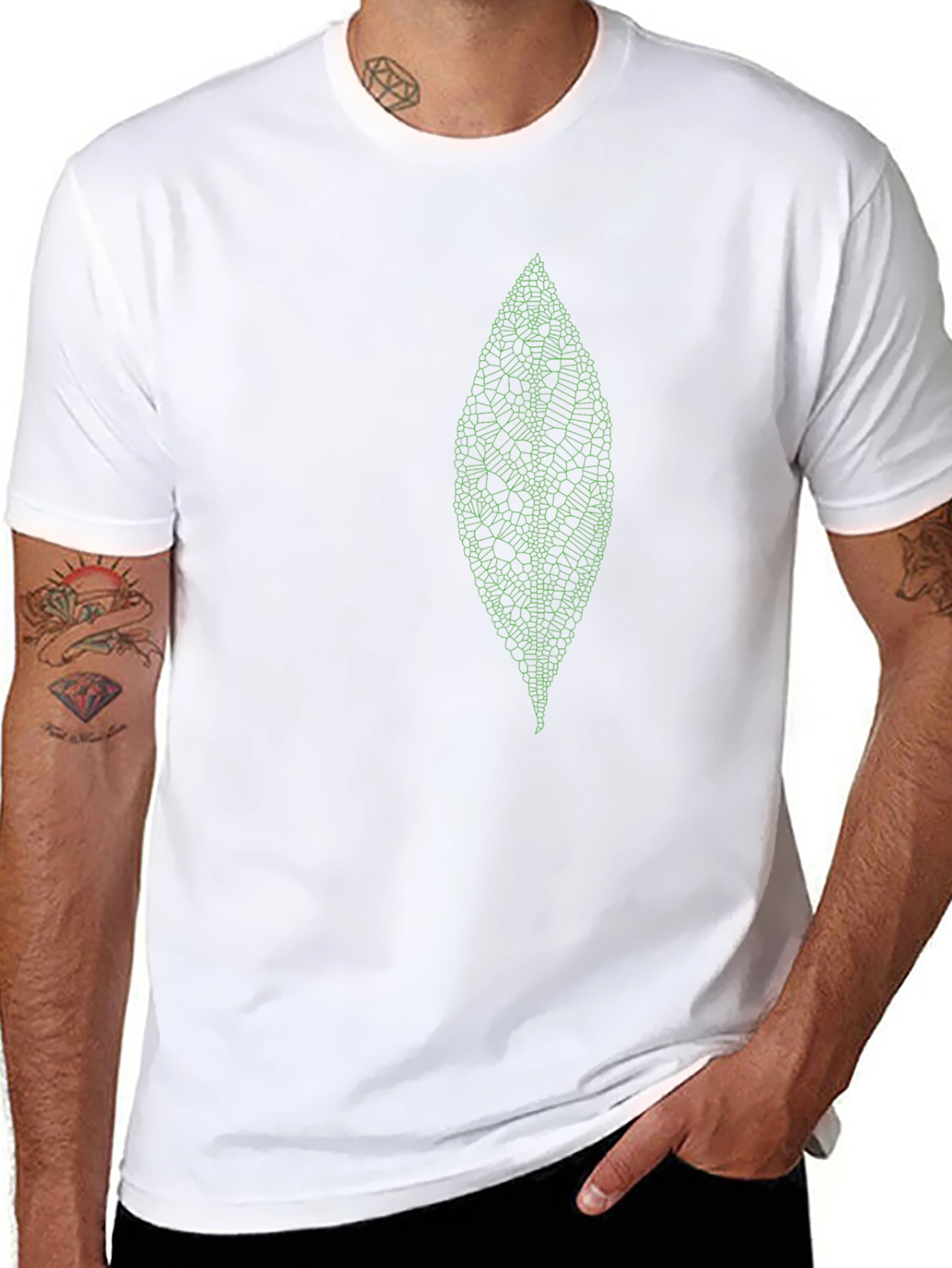Mens Black T-Shirt with Green Leaf Design