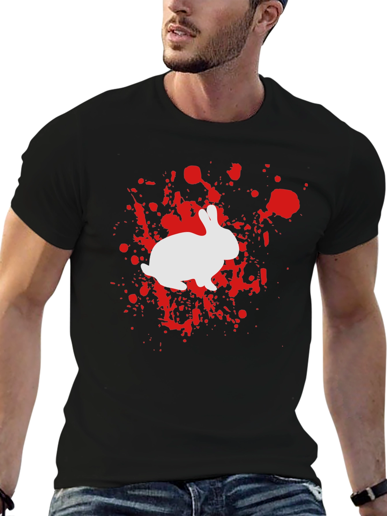 Rabbit Splatter Graphic Tee - Black Cotton Shirt
