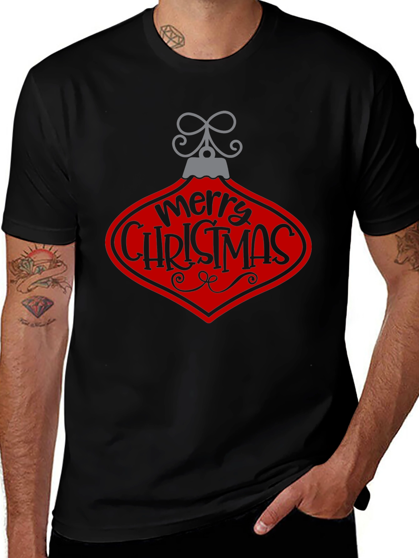 Merry Christmas Ornament Graphic Tee - Black