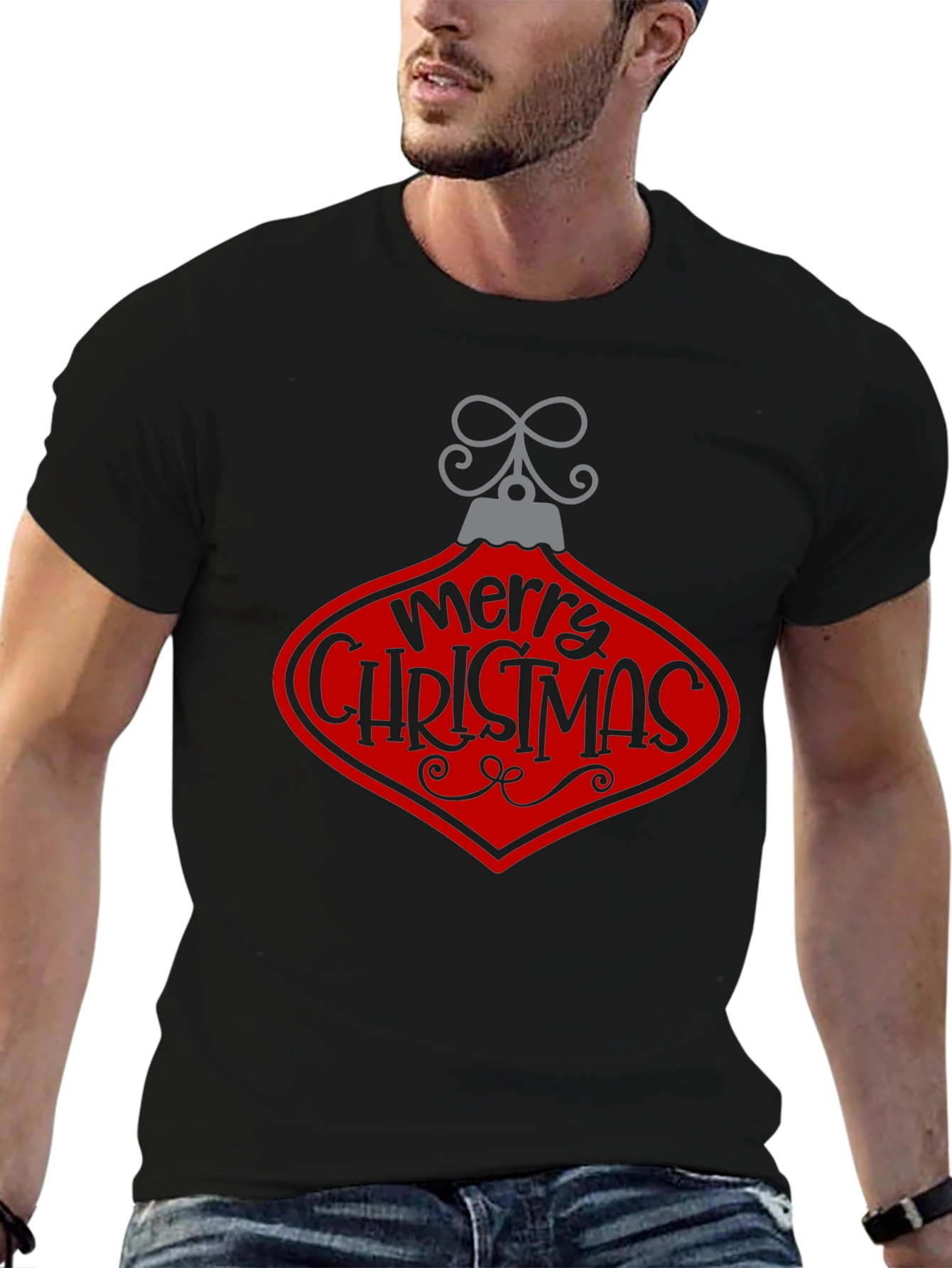 Merry Christmas Ornament Graphic Tee - Black