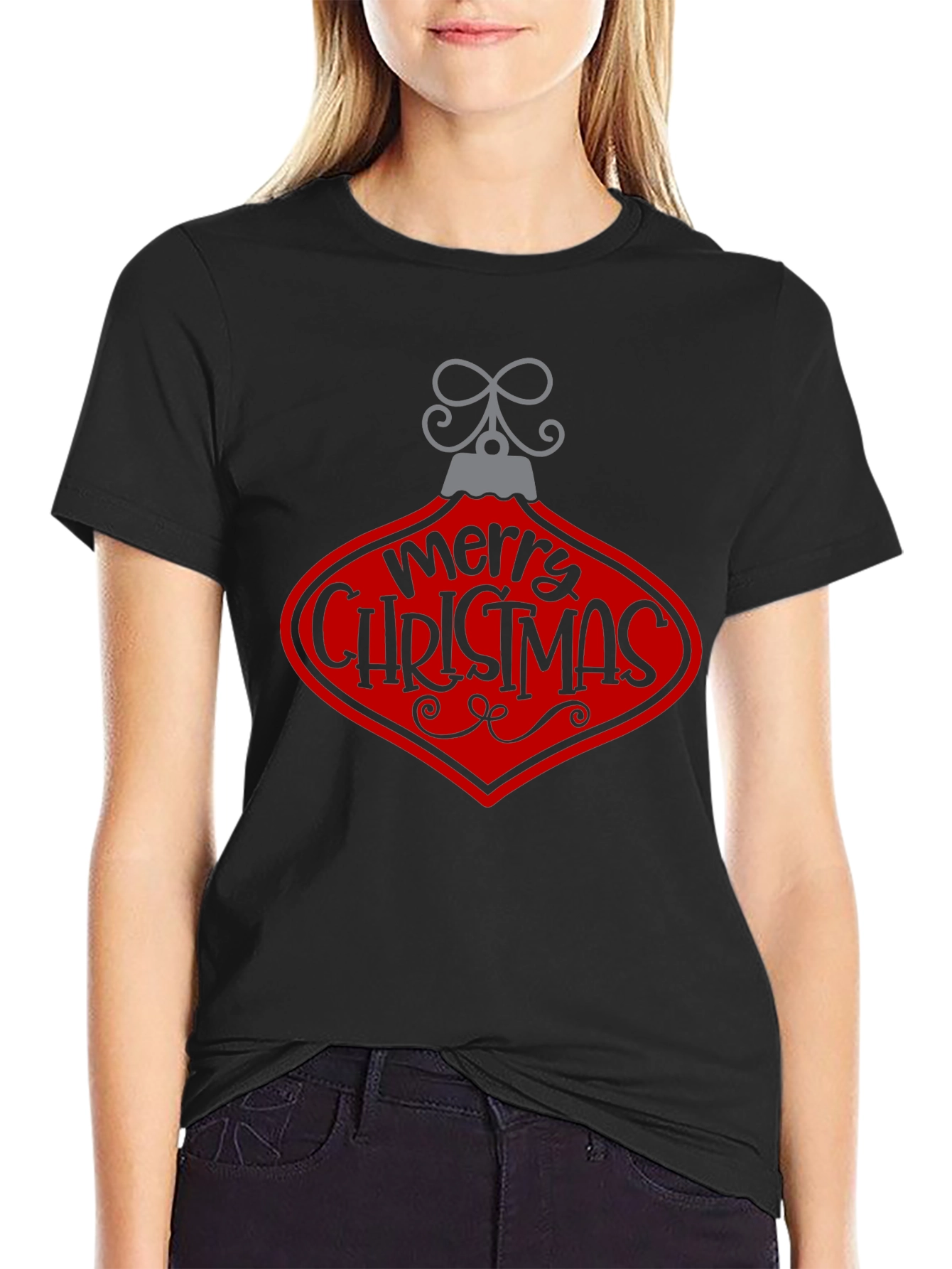 Merry Christmas Ornament Graphic Tee - Black