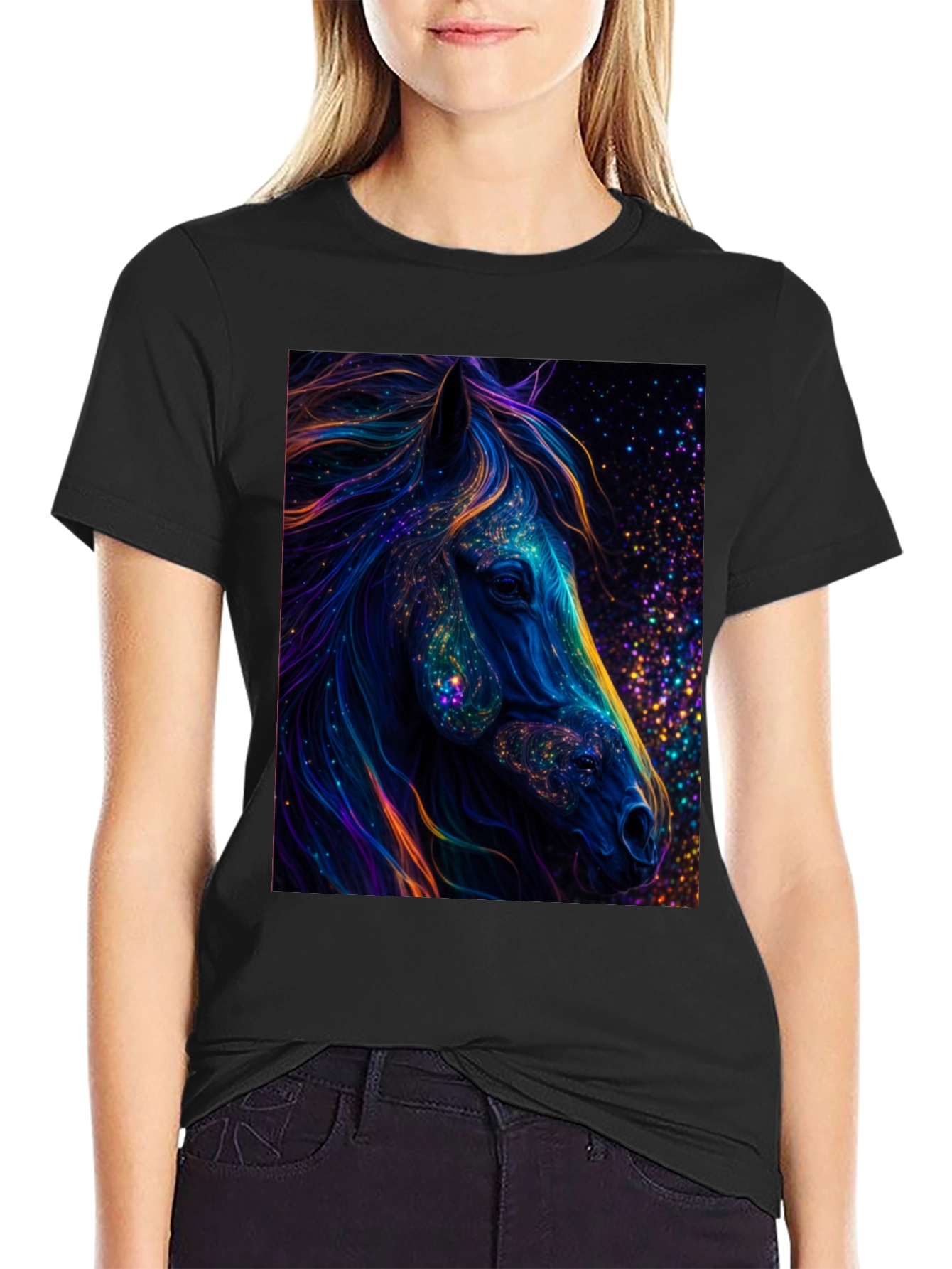 Cosmic Horse Graphic Tee - Black Cotton T-Shirt