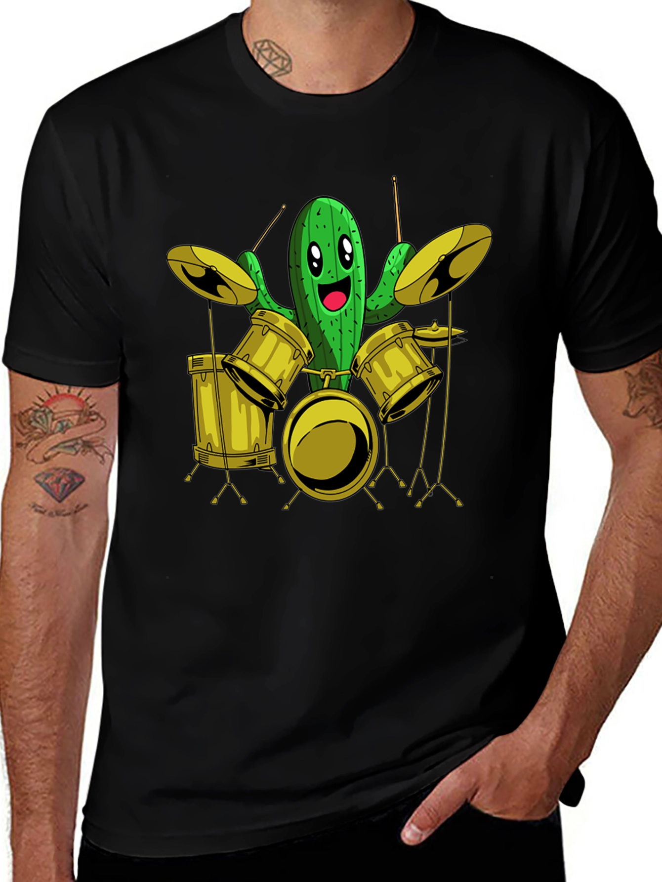 Cactus Drummer Graphic Tee - Black Cotton T-Shirt