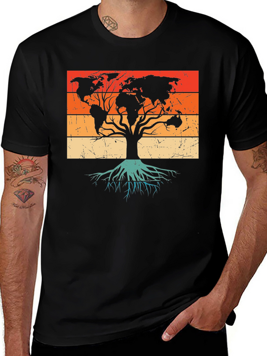 Vintage World Map Tree Graphic Tee - Black