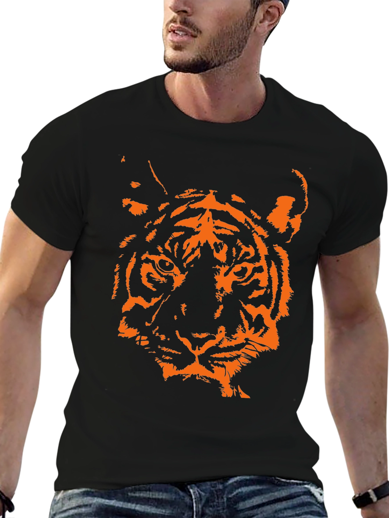 Tiger Graphic Print Crew Neck T-Shirt - Black