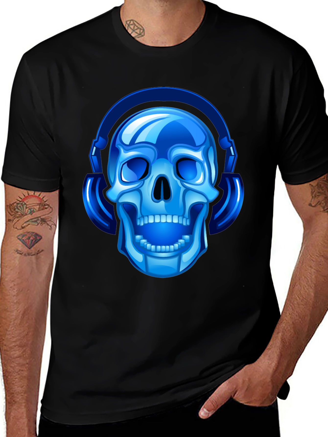 Blue Skull with Headphones Graphic Tee