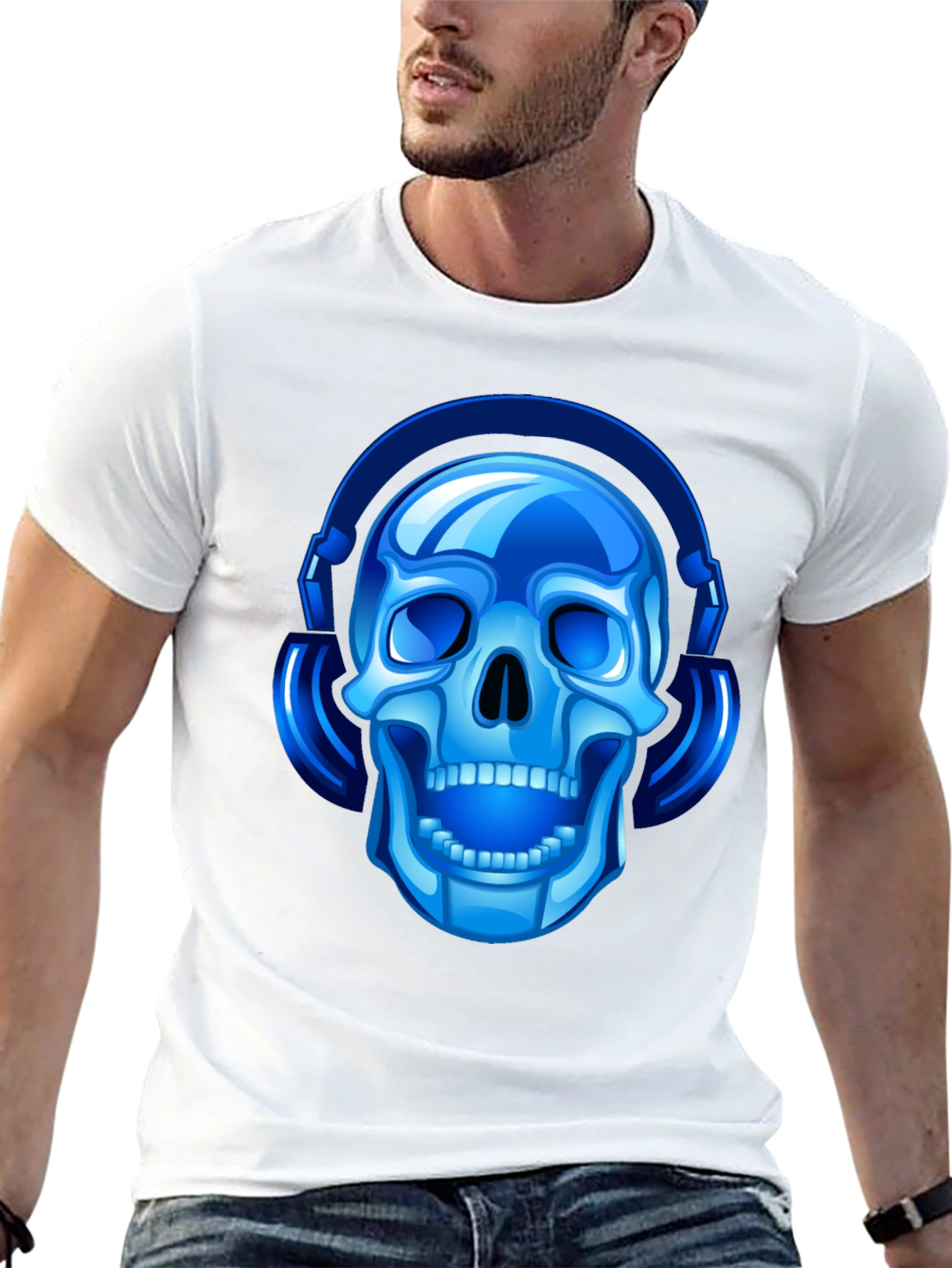 Blue Skull with Headphones Graphic Tee