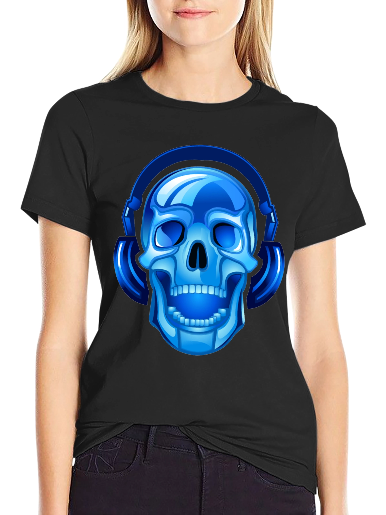 Blue Skull with Headphones Graphic Tee