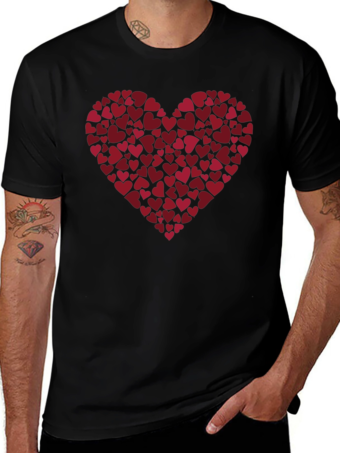 Heart Print Black Casual Tee